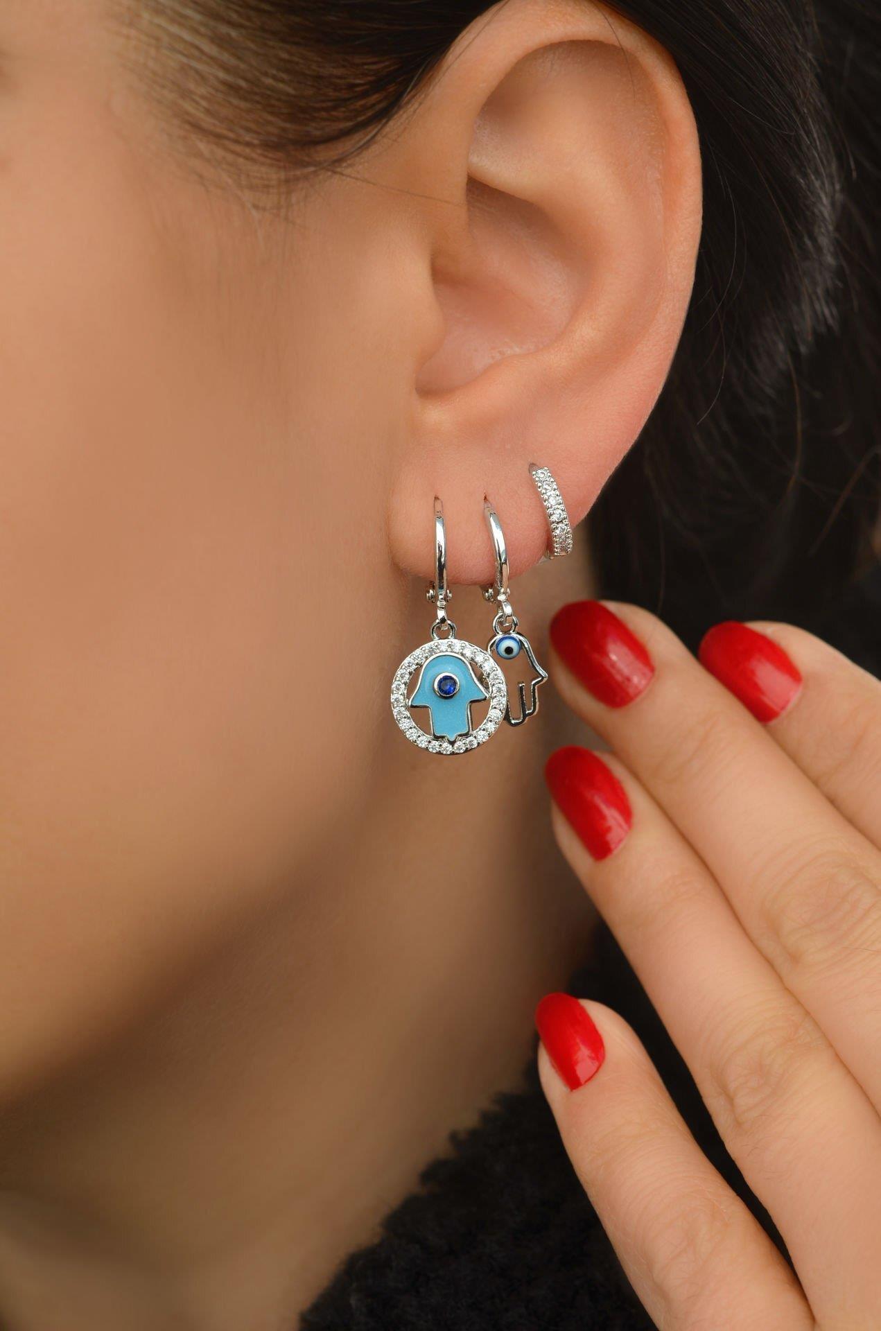 El Nazar Figürlü Mavi 3'lü Küpe Seti