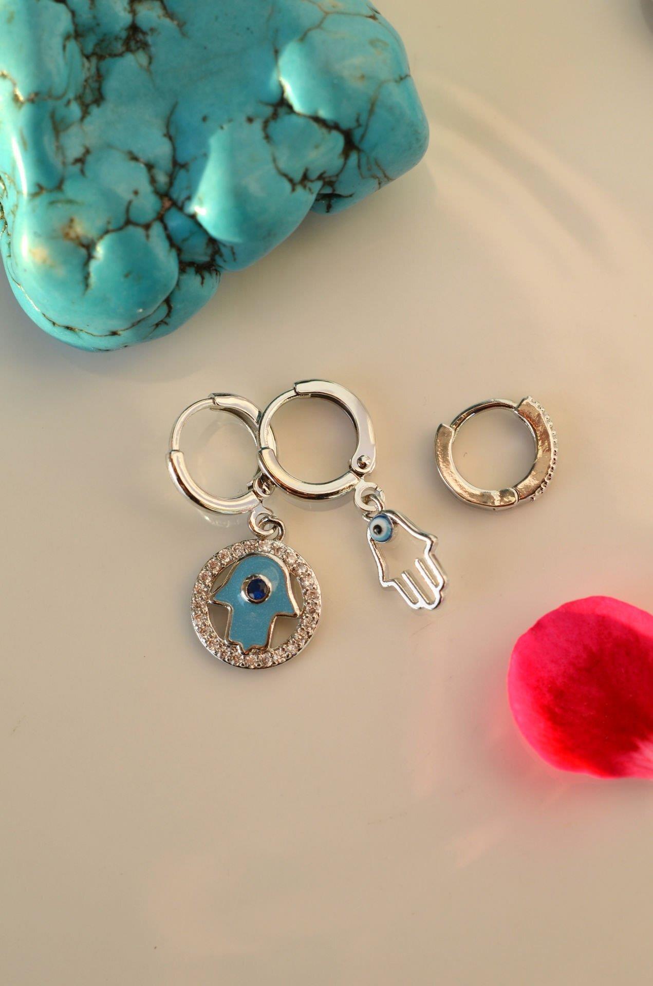 El Nazar Figürlü Mavi 3'lü Küpe Seti