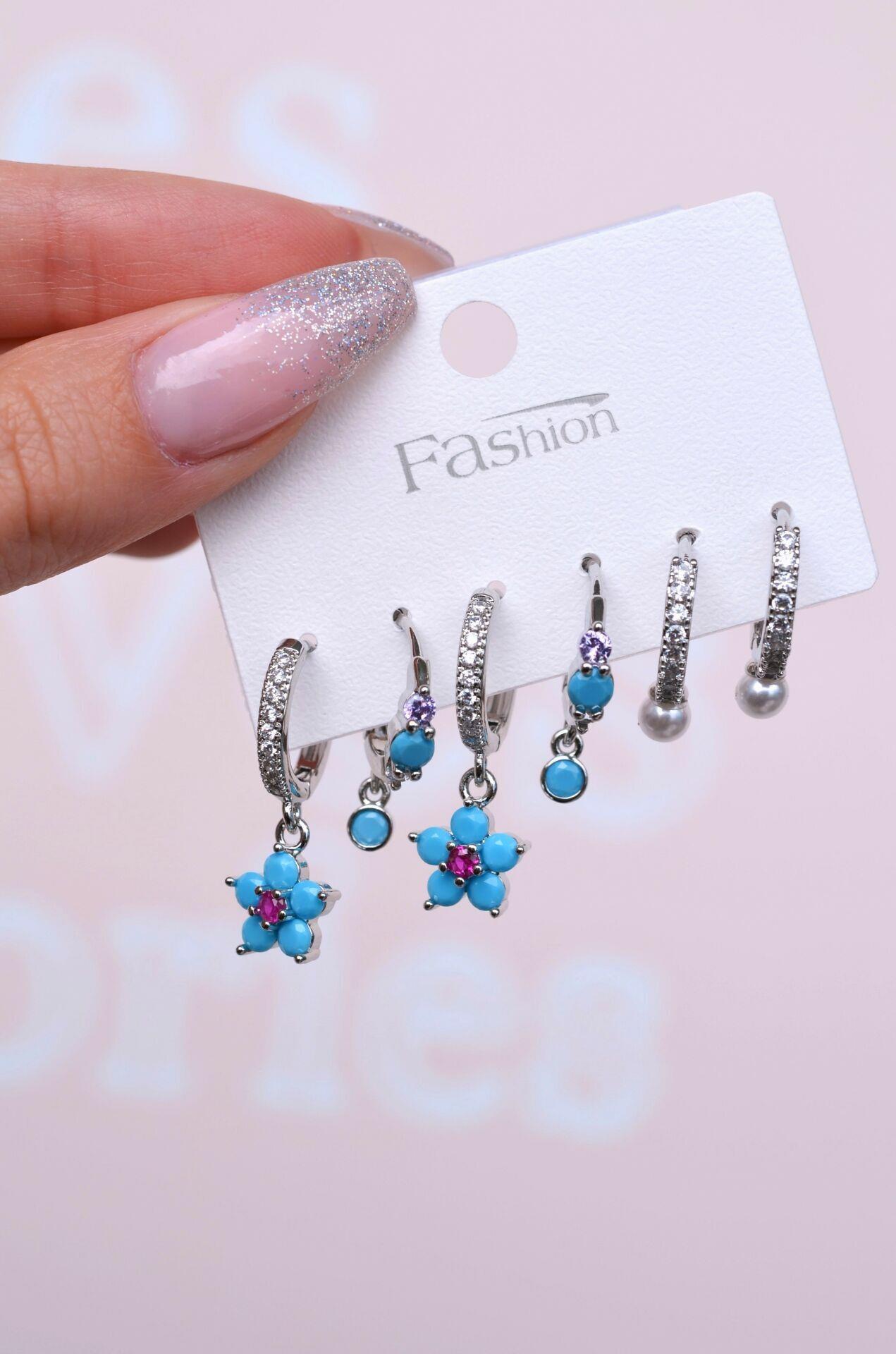 Firuze Mavi Çiçekli Küpe Seti 6 Parça Gümüş Renkli