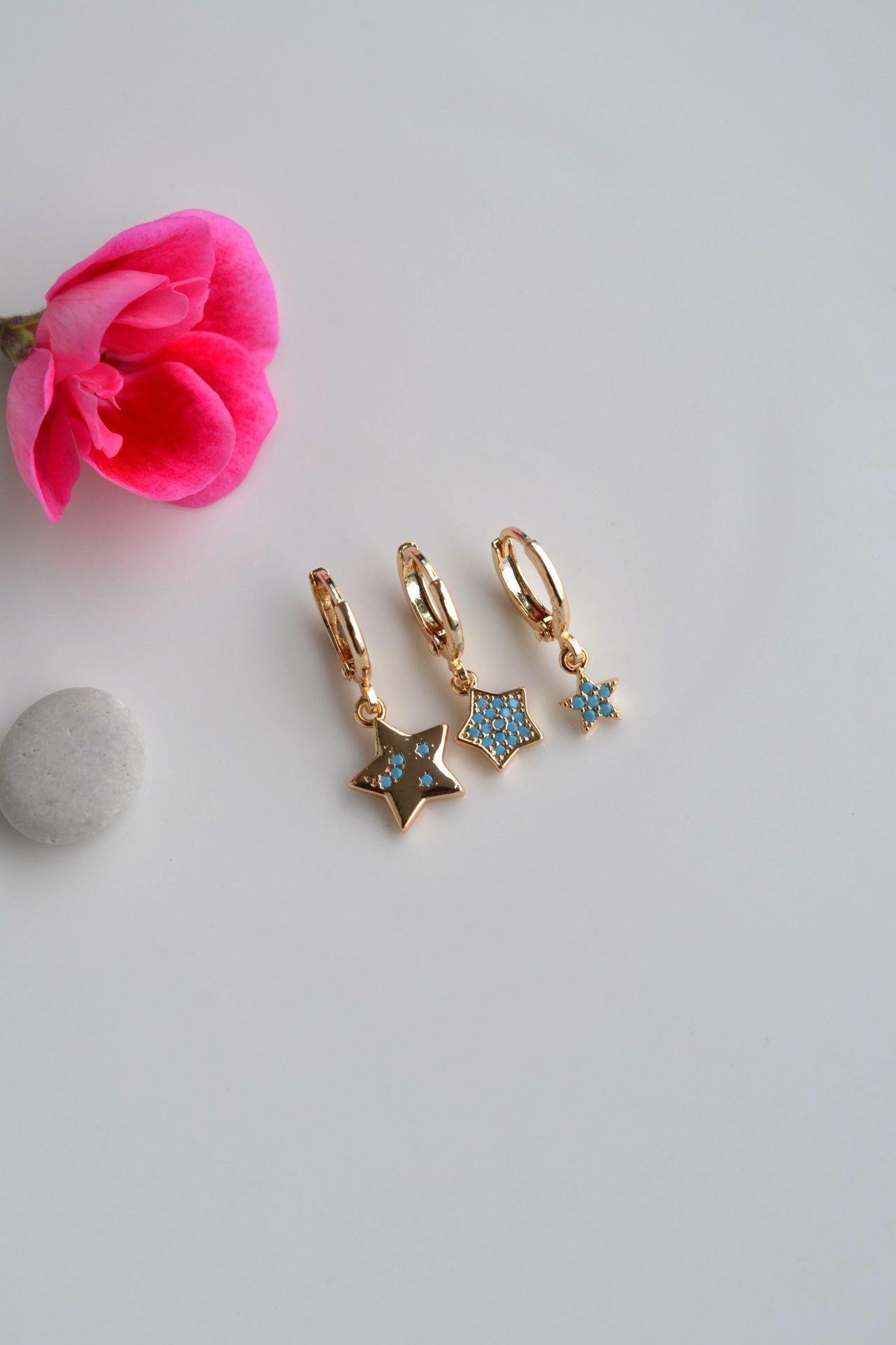 Firuze Taşlı Yıldız Charmlı Küpe Seti 3 Parça Minimal Küpe