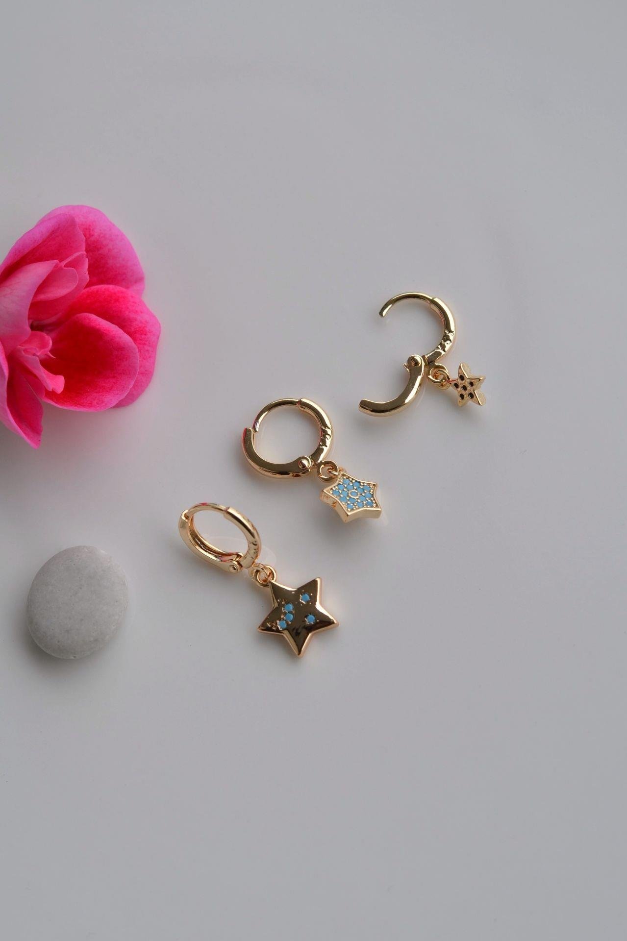Firuze Taşlı Yıldız Charmlı Küpe Seti 3 Parça Minimal Küpe