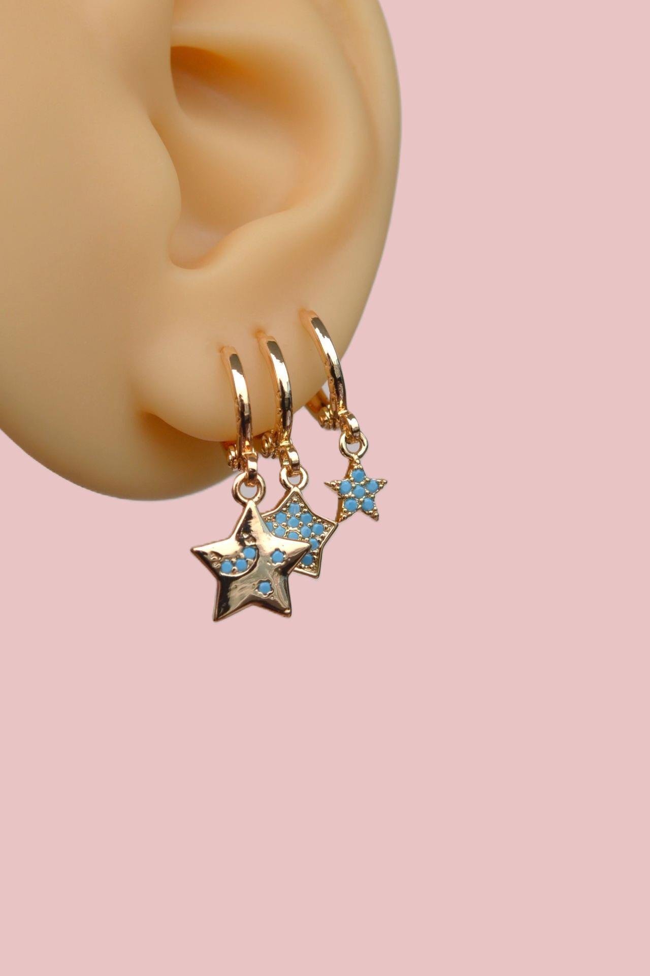 Firuze Taşlı Yıldız Charmlı Küpe Seti 3 Parça Minimal Küpe