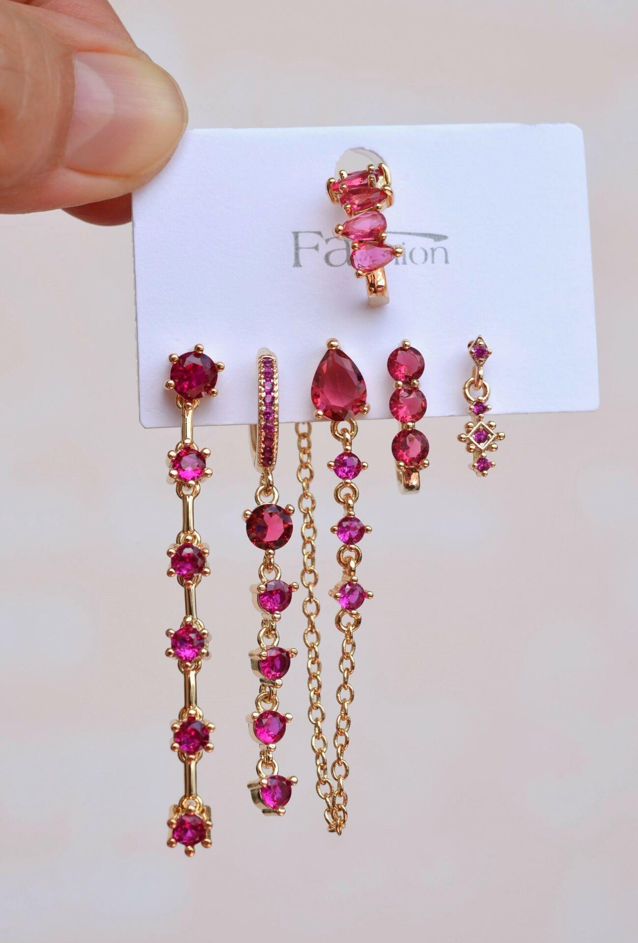 Fuşya Pembe Taşlı Su Yolu Işık Seli Küpe Seti 6 Parça