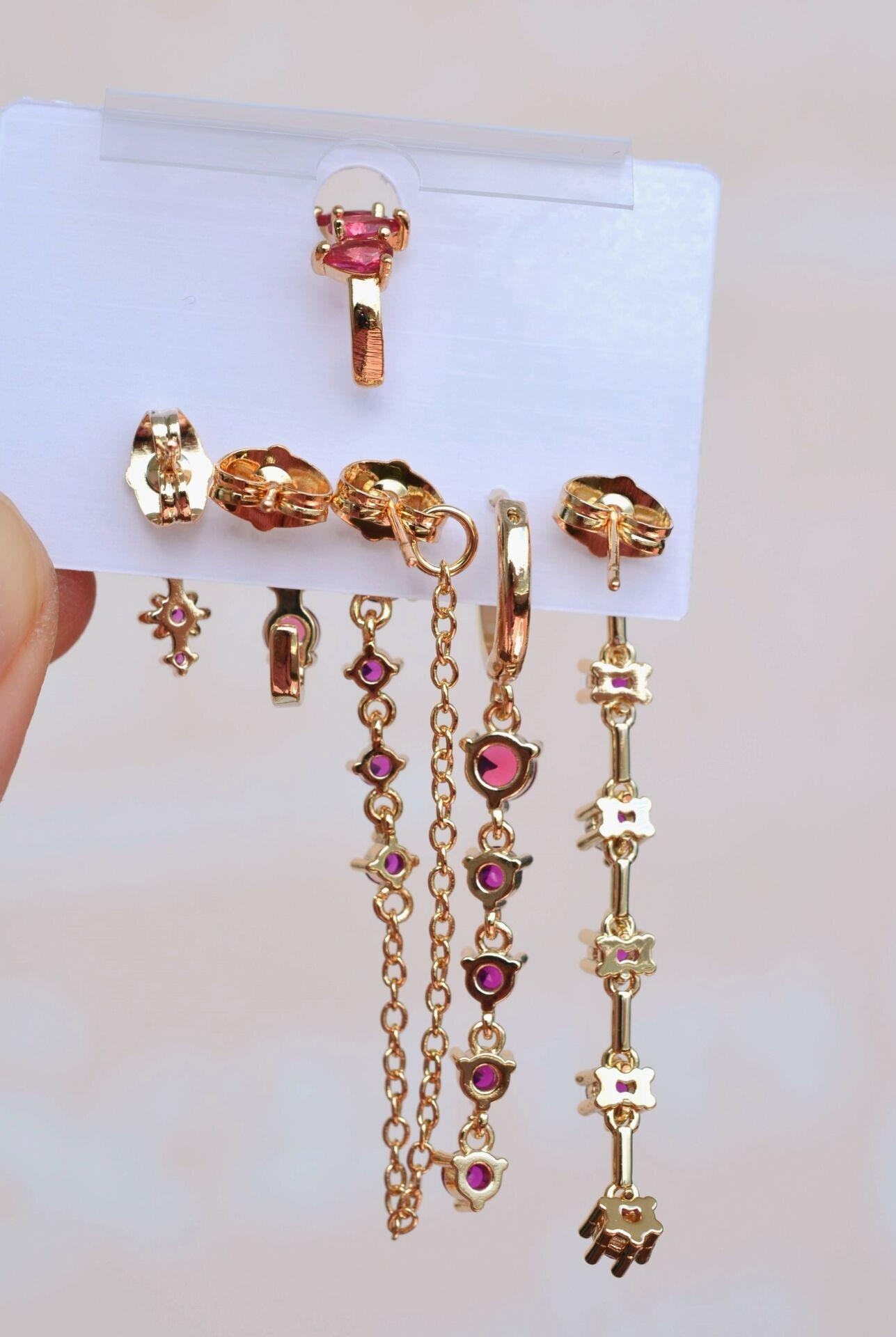 Fuşya Pembe Taşlı Su Yolu Işık Seli Küpe Seti 6 Parça