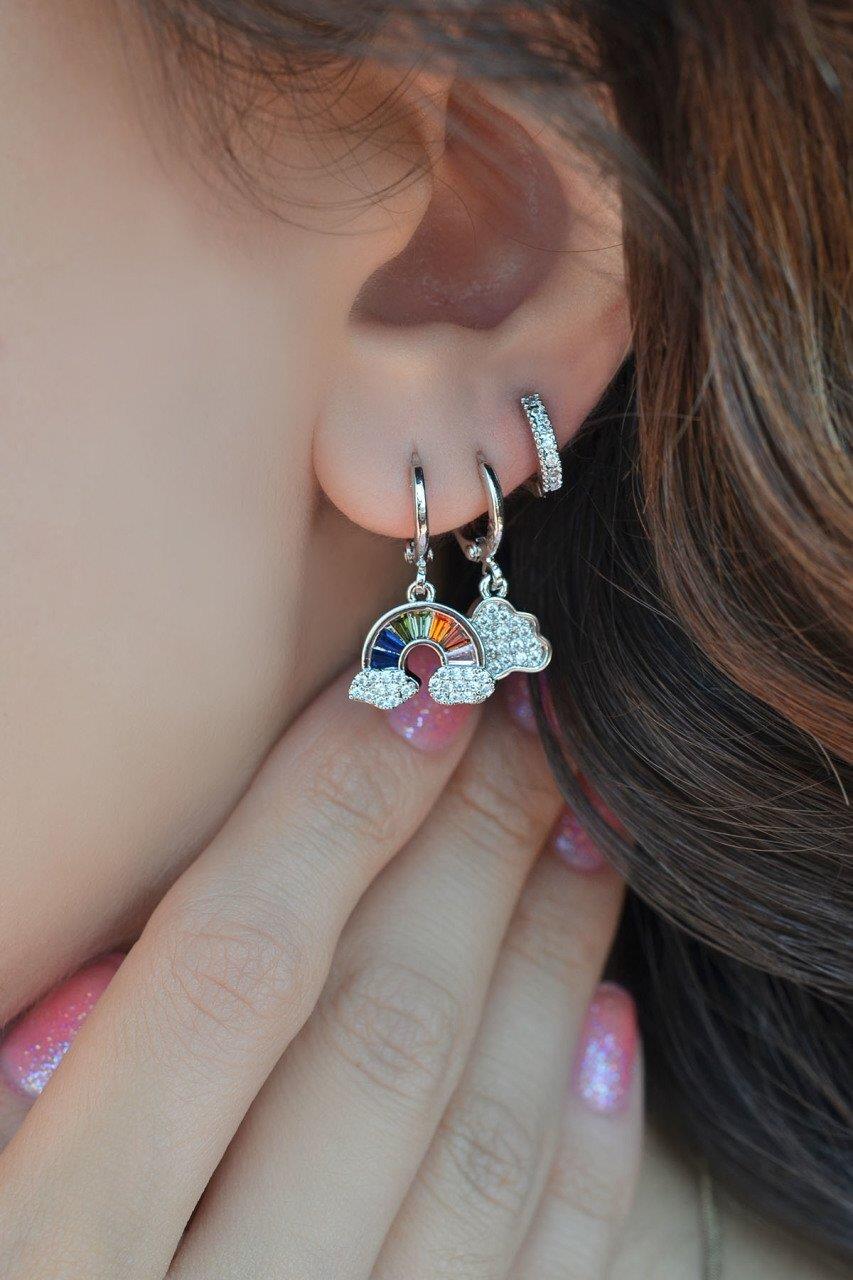 Gökkuşağı Bulut Detaylı Renkli Üçlü Küpe Seti Gümüş Rengi