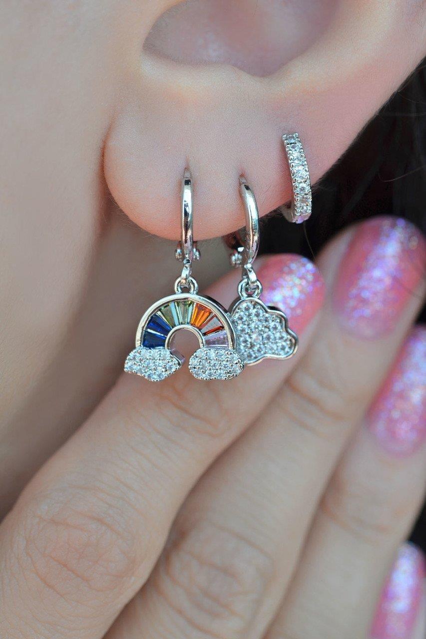 Gökkuşağı Bulut Detaylı Renkli Üçlü Küpe Seti Gümüş Rengi