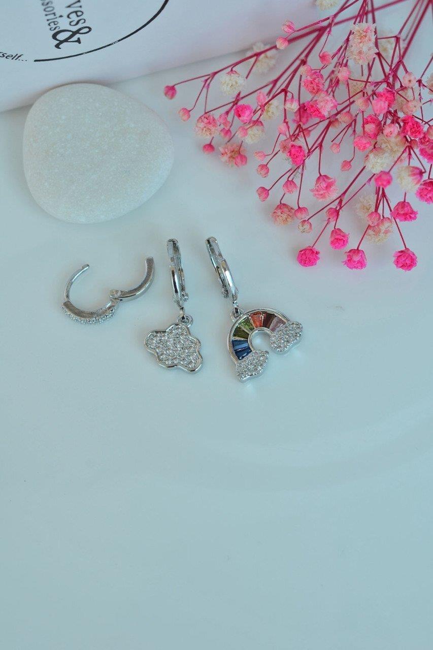 Gökkuşağı Bulut Detaylı Renkli Üçlü Küpe Seti Gümüş Rengi