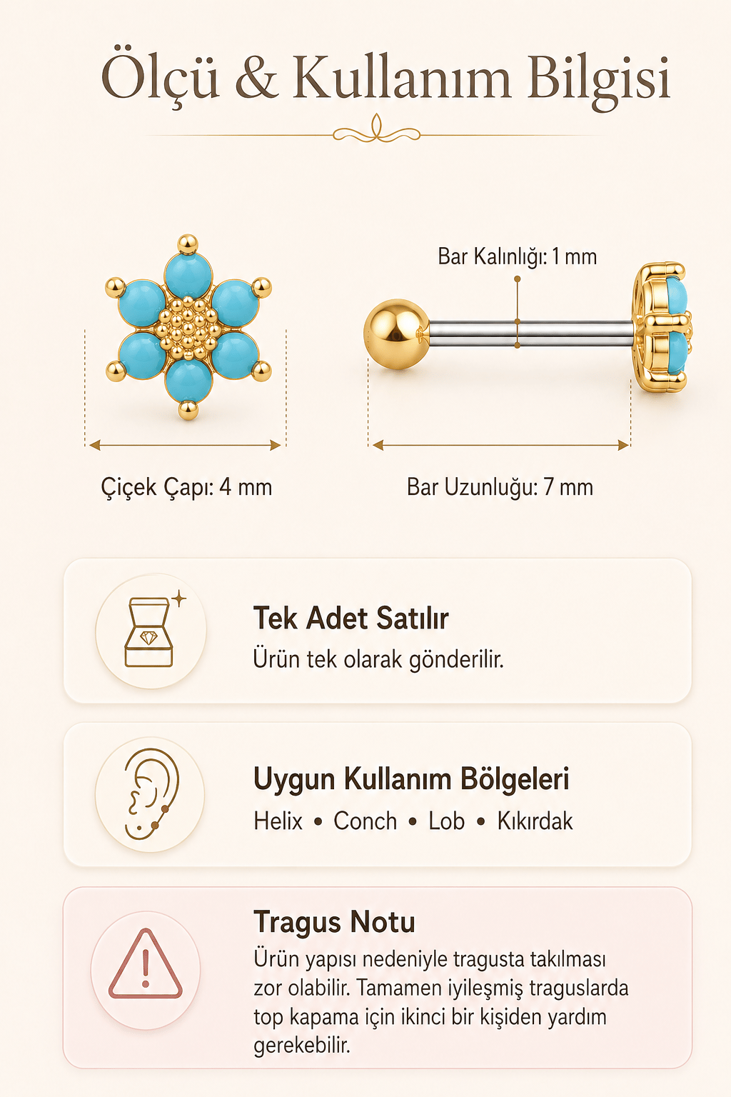 Gold Çelik Mavi Çiçek Piercing Helix Kıkırdak