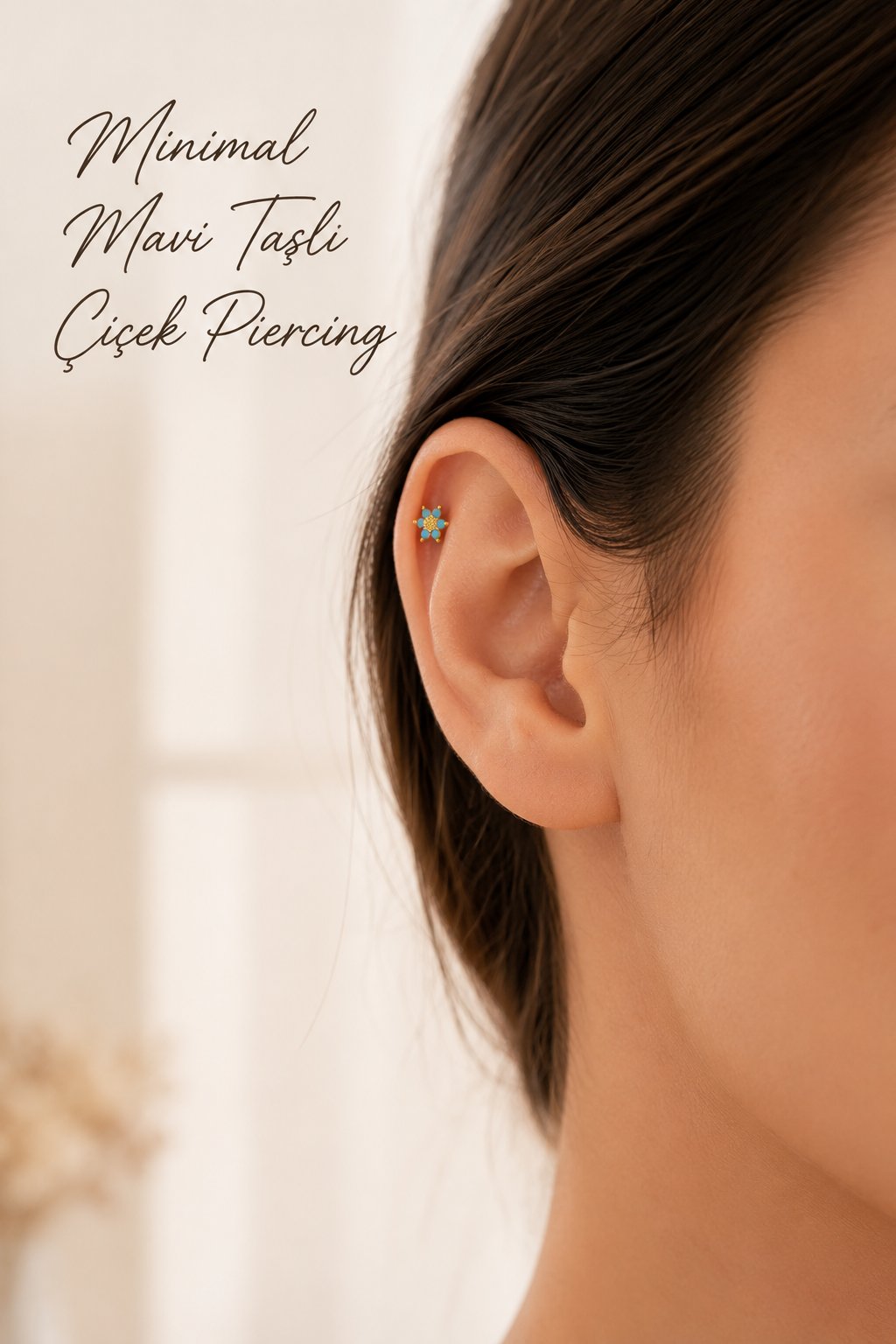 Gold Çelik Mavi Çiçek Piercing Helix Kıkırdak