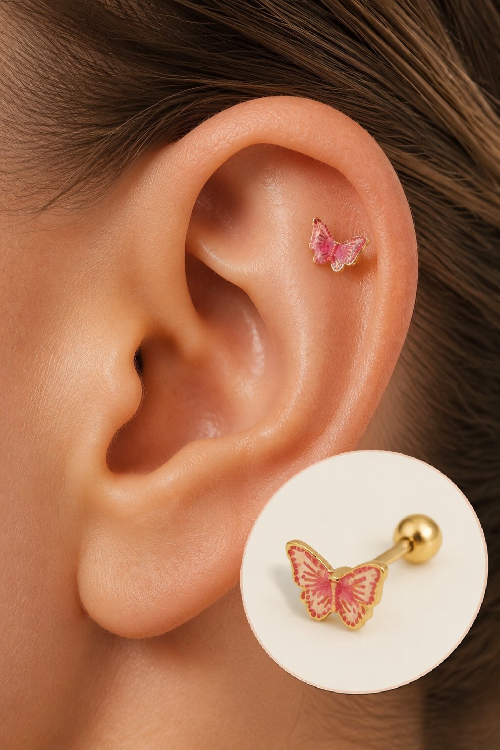 Gold Çelik Pembe Kelebek Helix Piercing Kıkırdak Lob