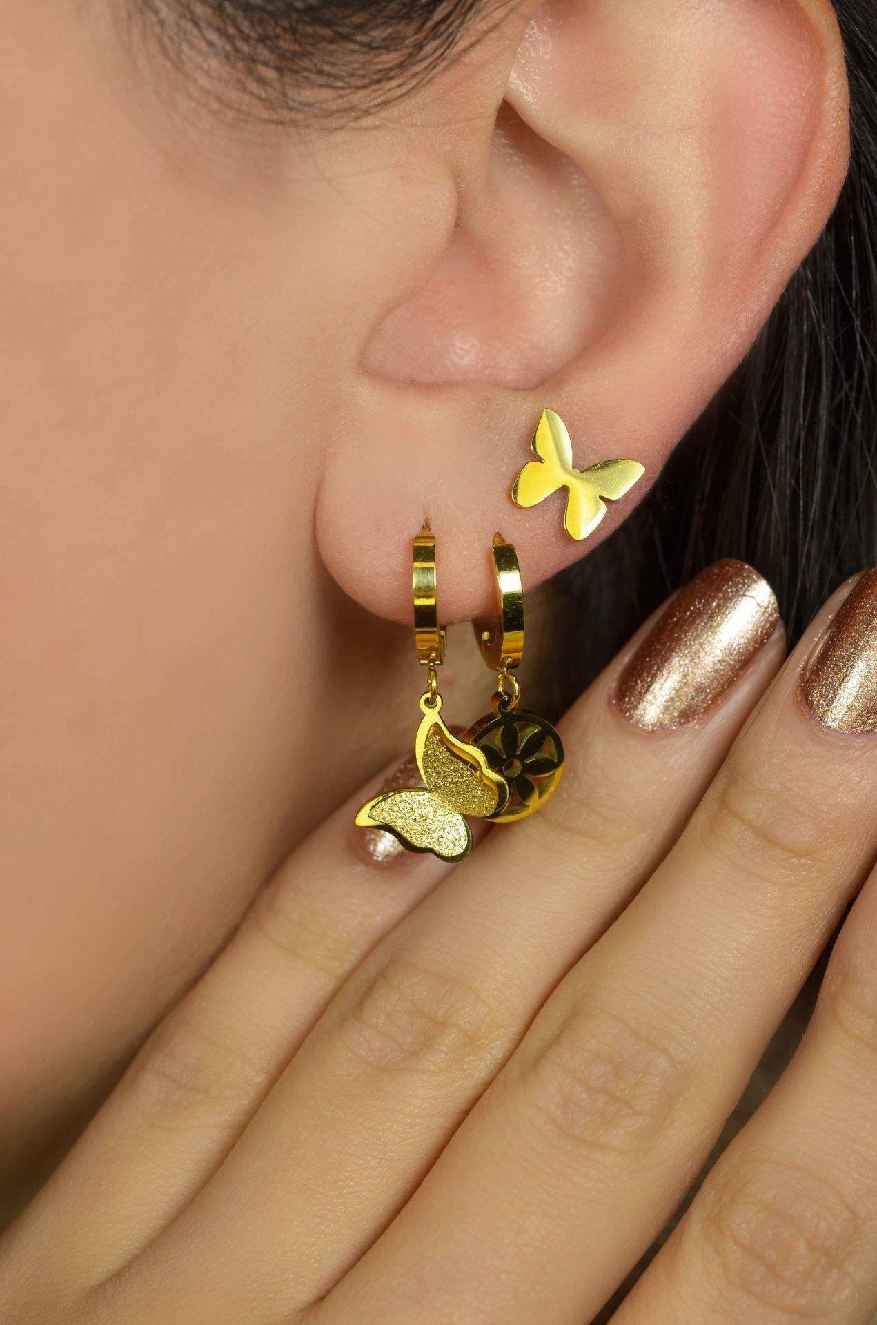 Gold Kelebek Çelik Üçlü Küpe Seti