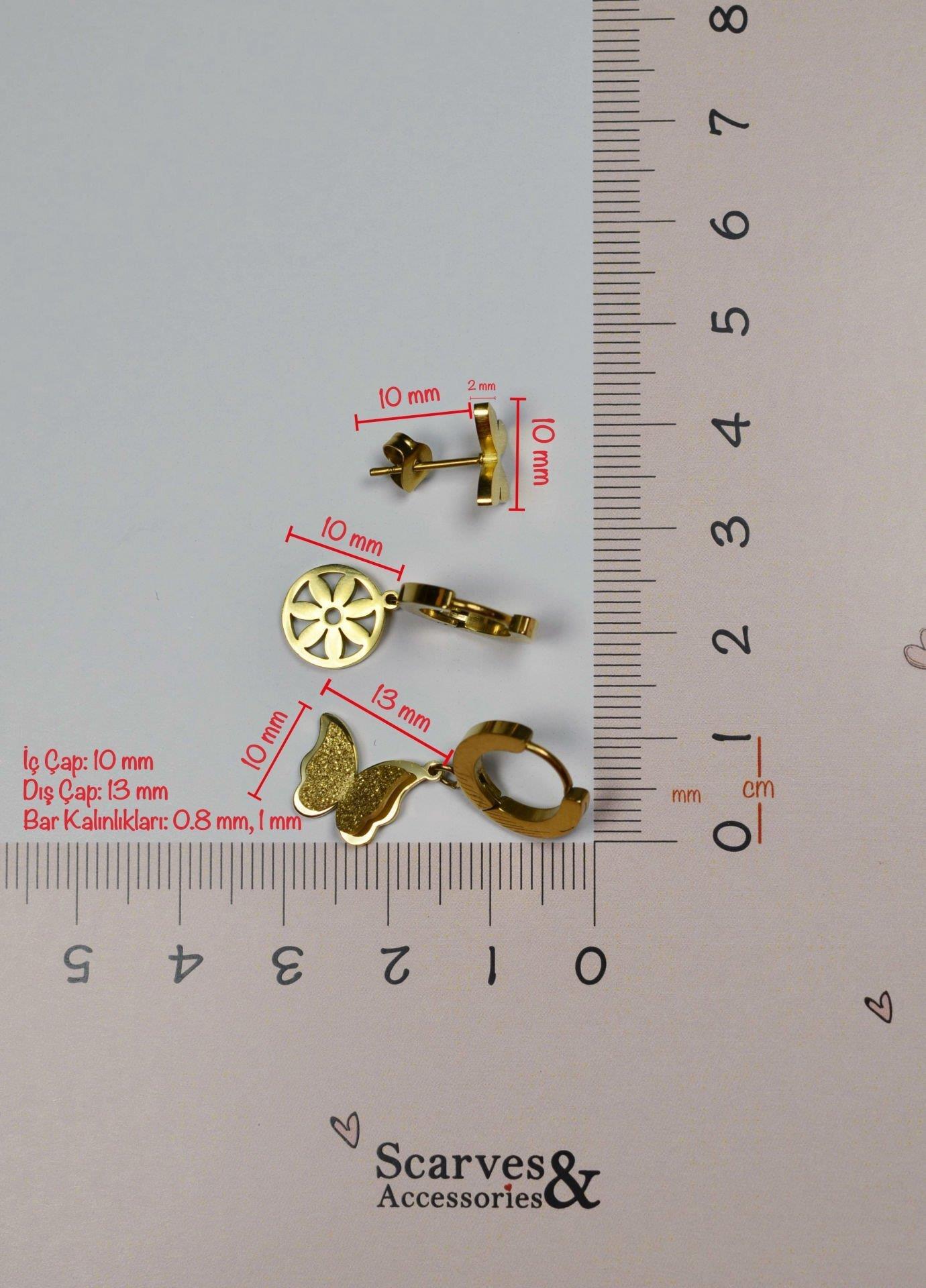 Gold Kelebek Çelik Üçlü Küpe Seti