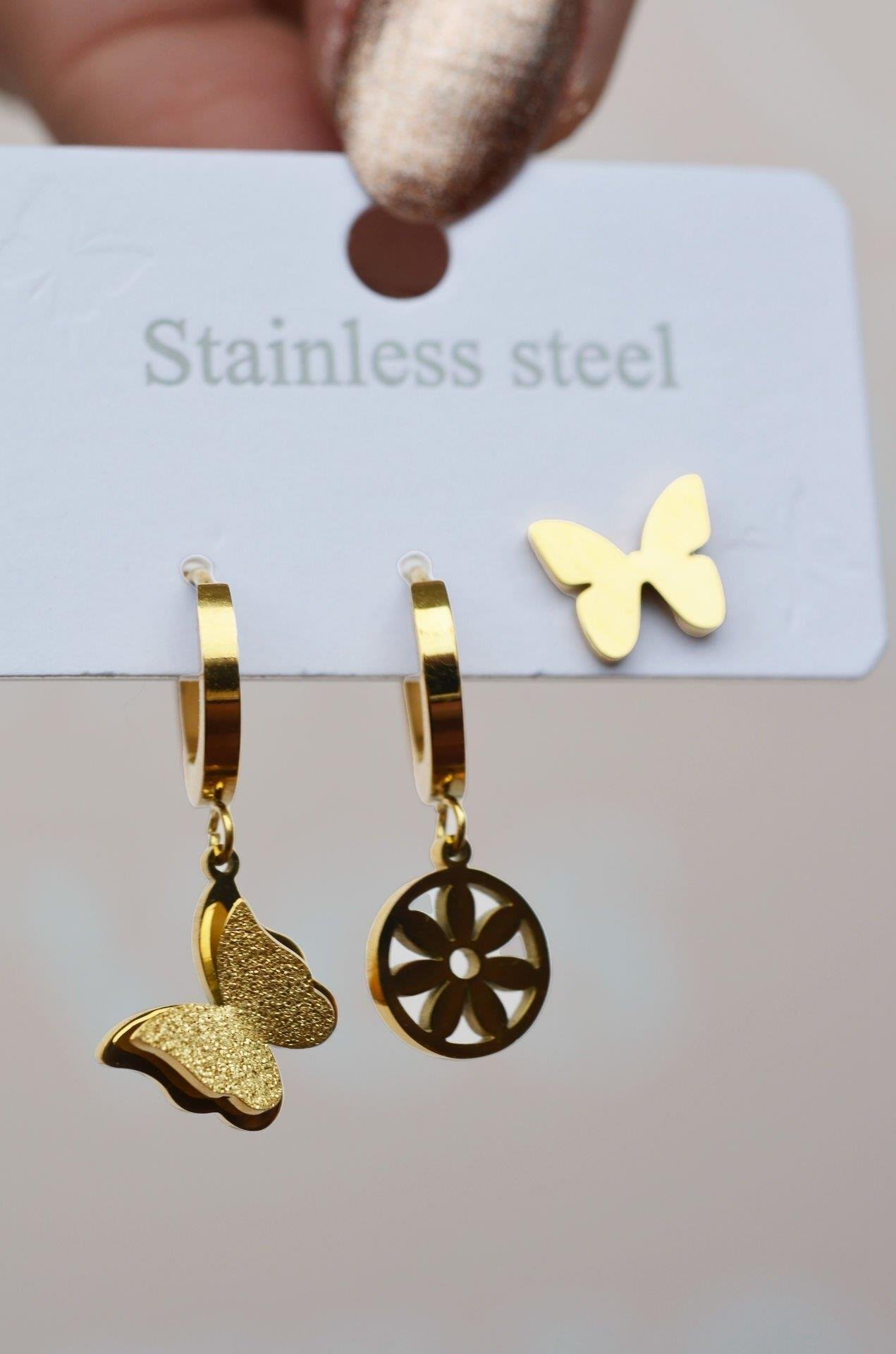 Gold Kelebek Çelik Üçlü Küpe Seti