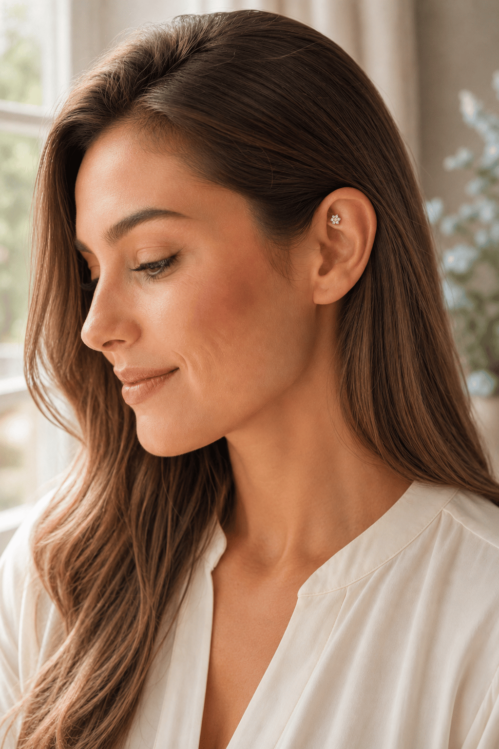 Gold Mini Çiçek Piercing Tragus Helix Kıkırdak