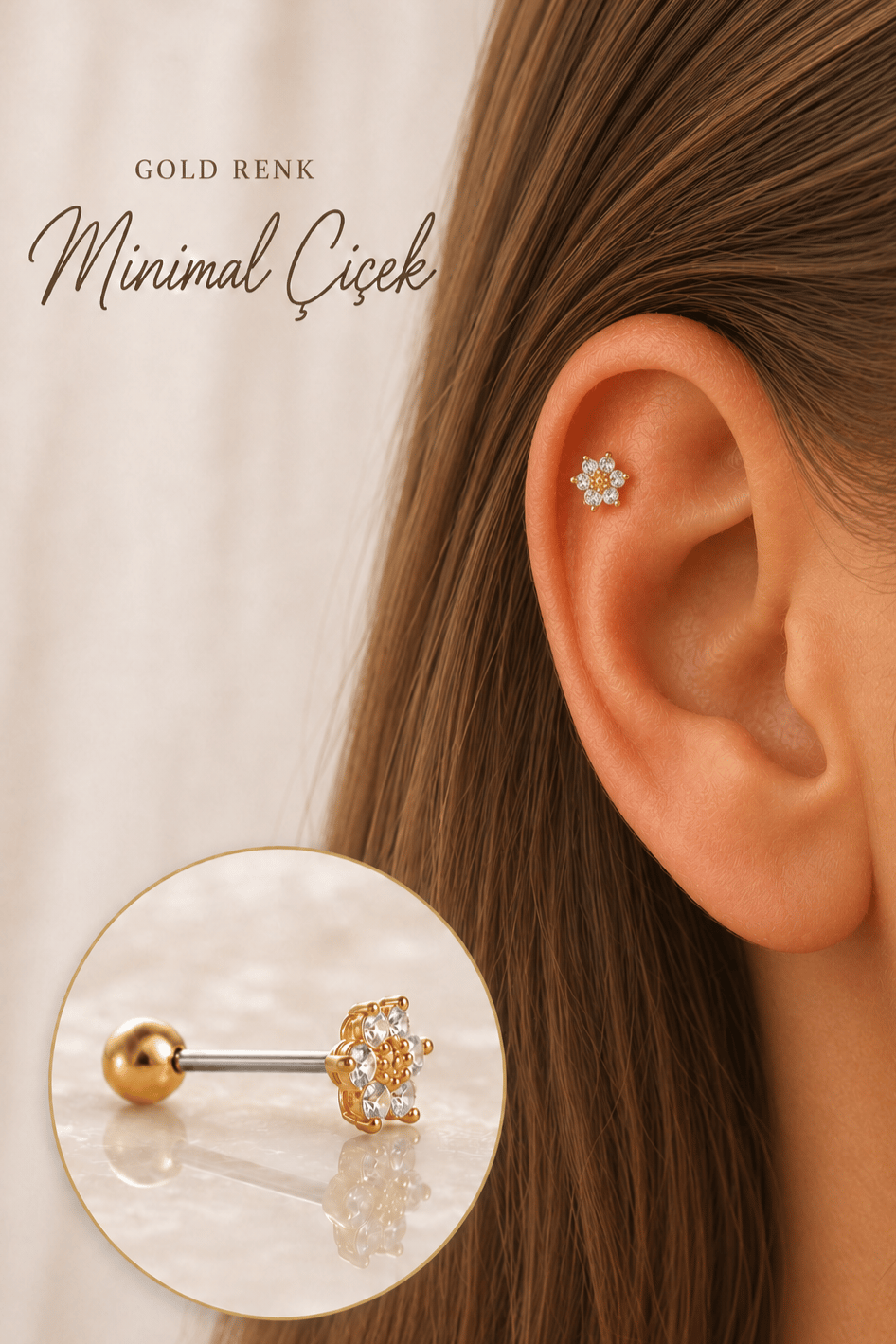 Gold Mini Çiçek Piercing Tragus Helix Kıkırdak