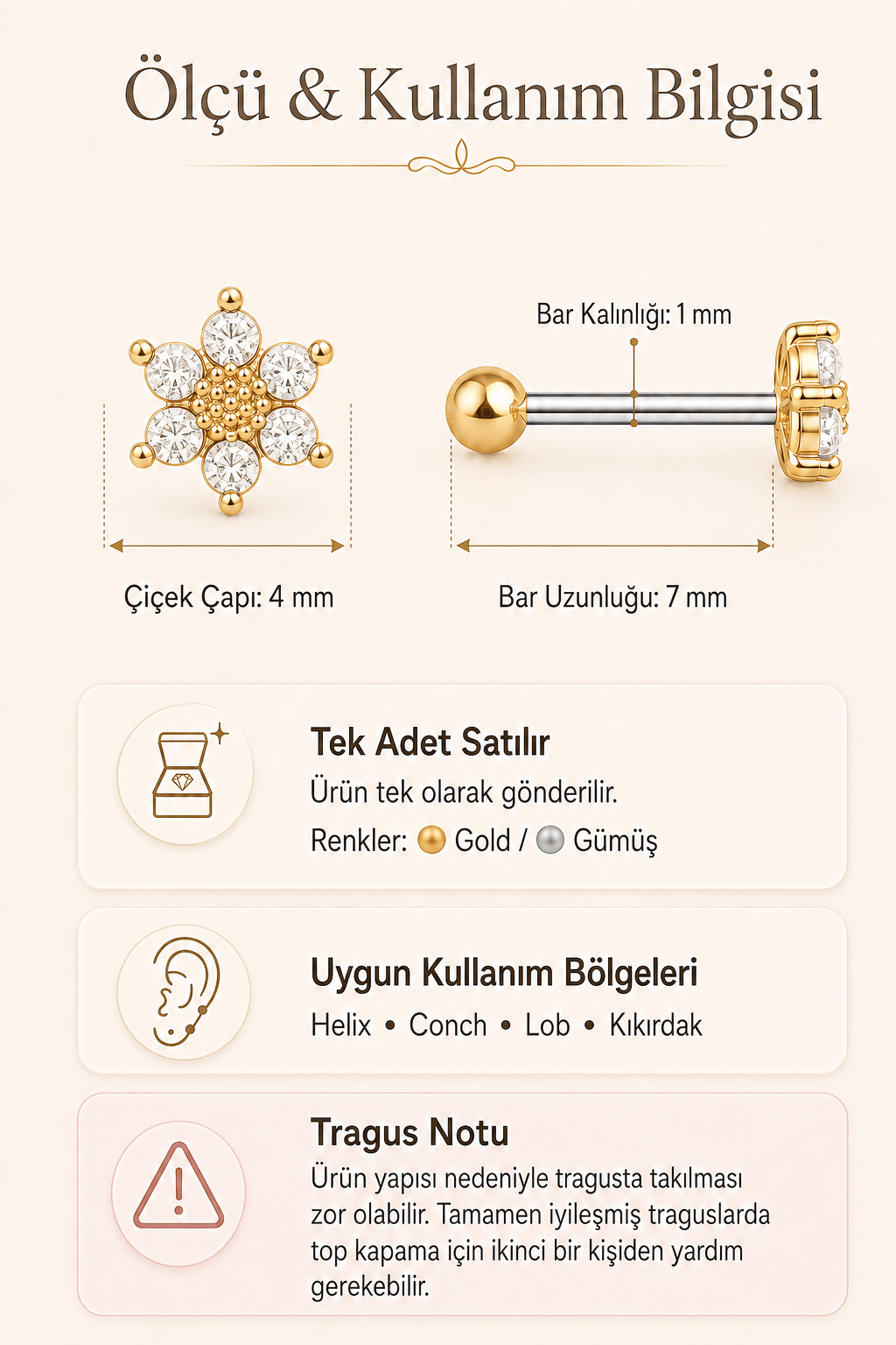 Gold Mini Çiçek Piercing Tragus Helix Kıkırdak