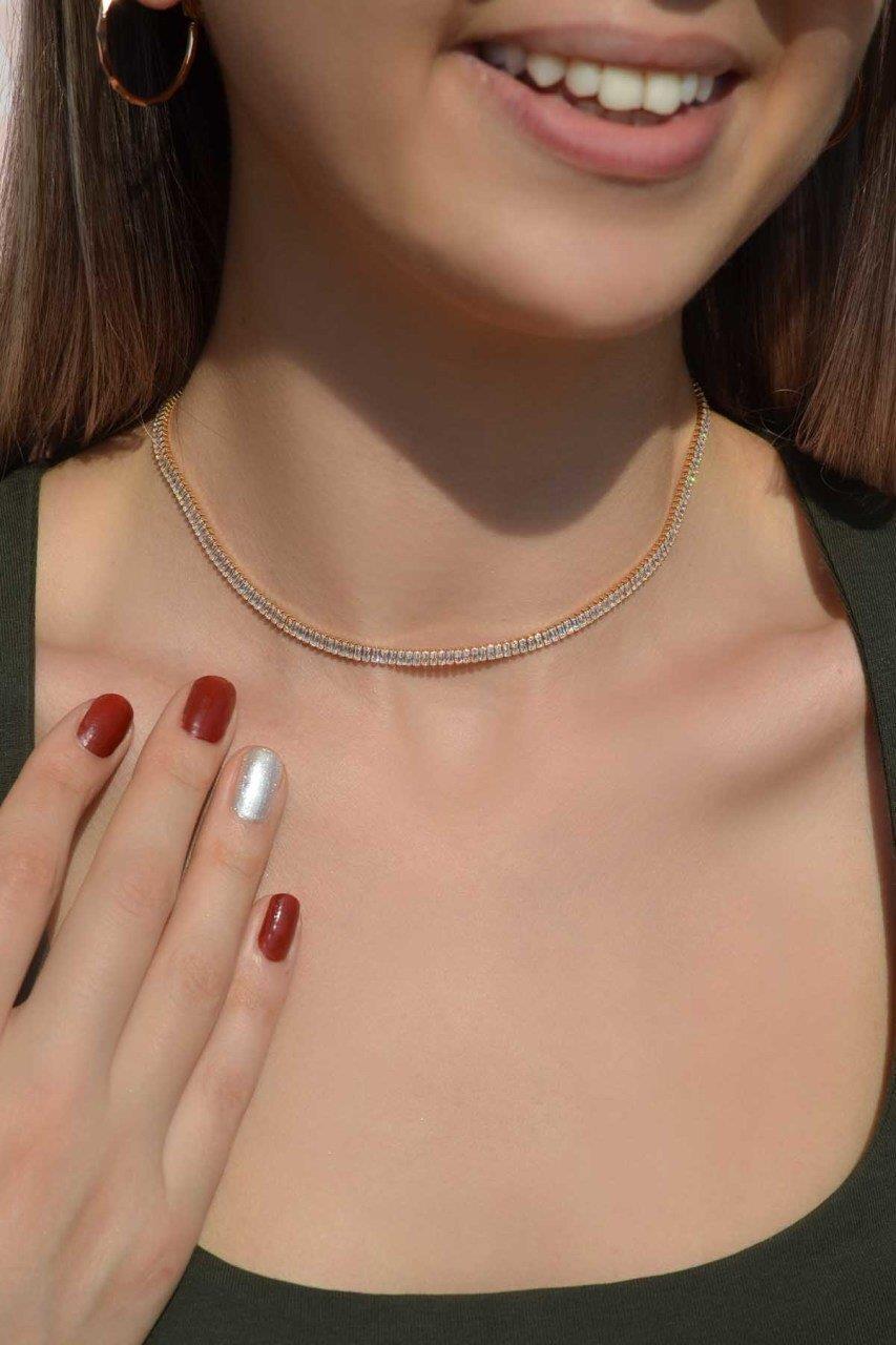 Gold Renk Baget Zirkon Taşlı Su Yolu Choker Kolye