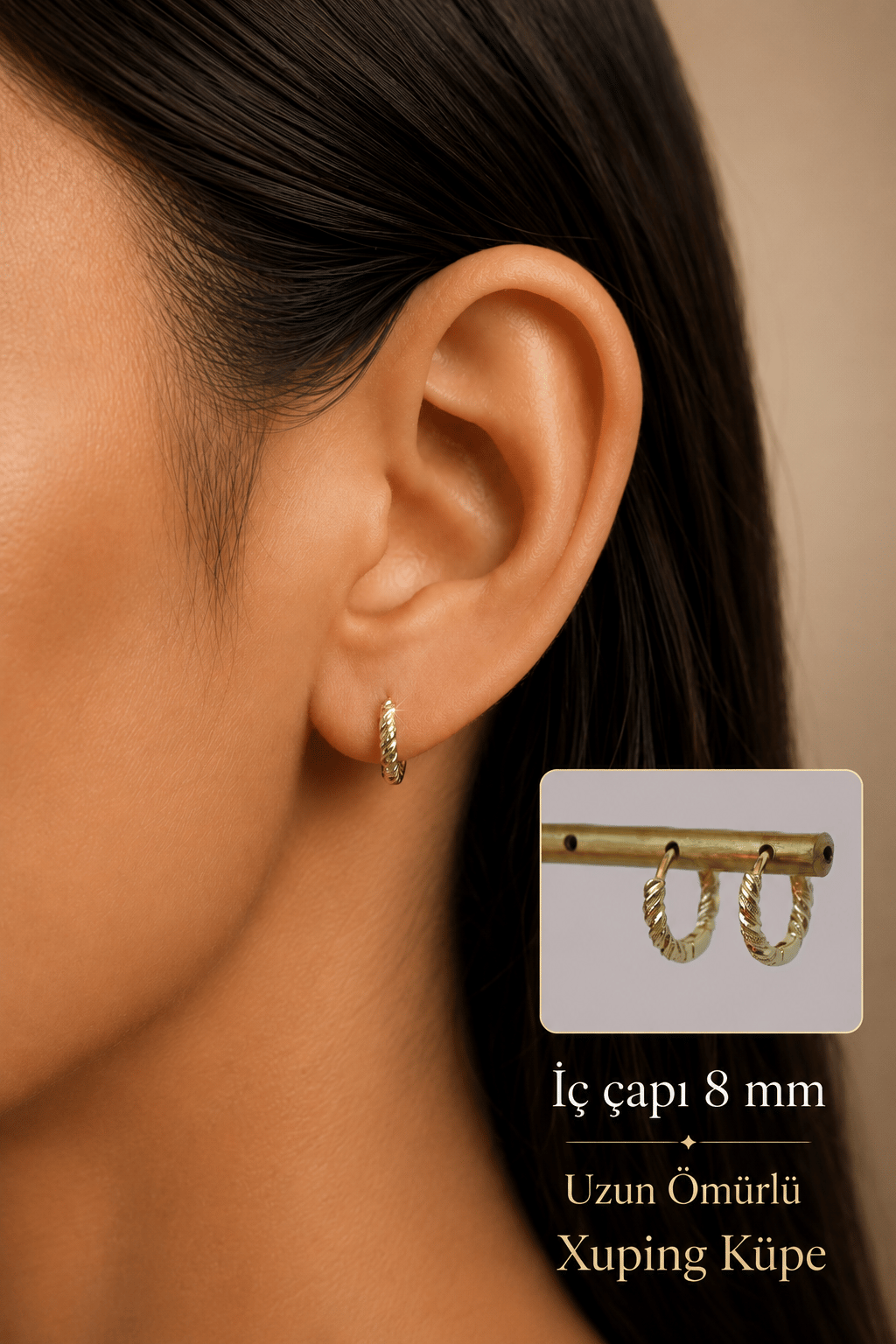 Gold Renk Kıvrımlı Mini Halka Küpe