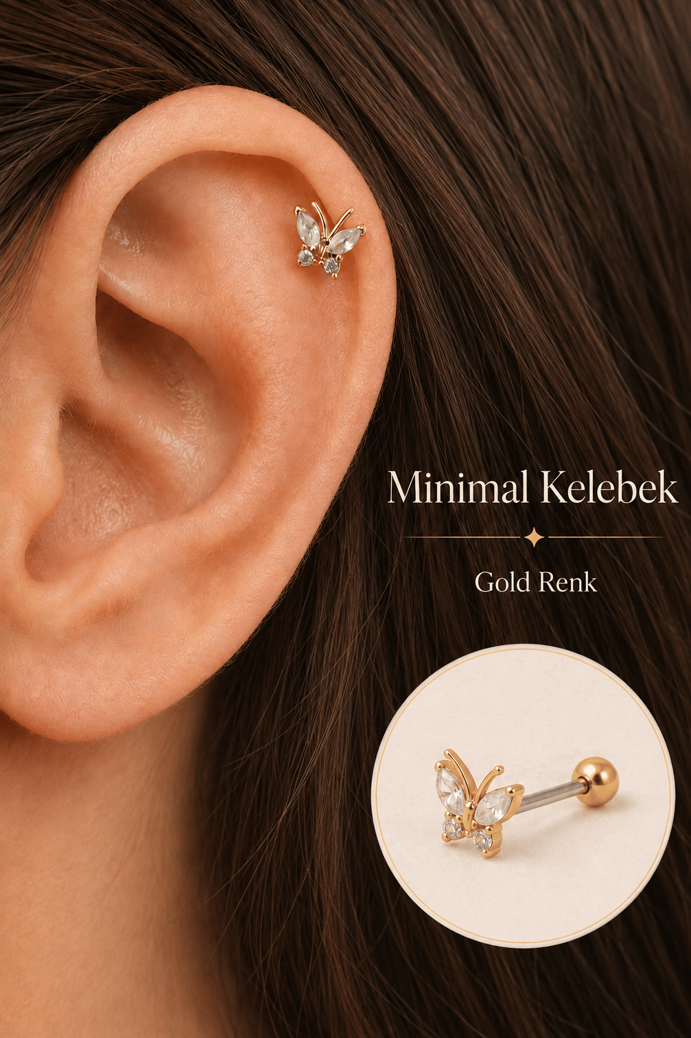 Gold Renkli Kelebek Figürlü Piercing Helix Kıkırdak Conch Lob