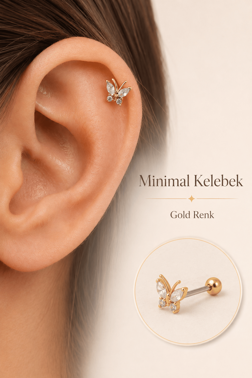 Gold Renkli Kelebek Figürlü Piercing Helix Kıkırdak Conch Lob