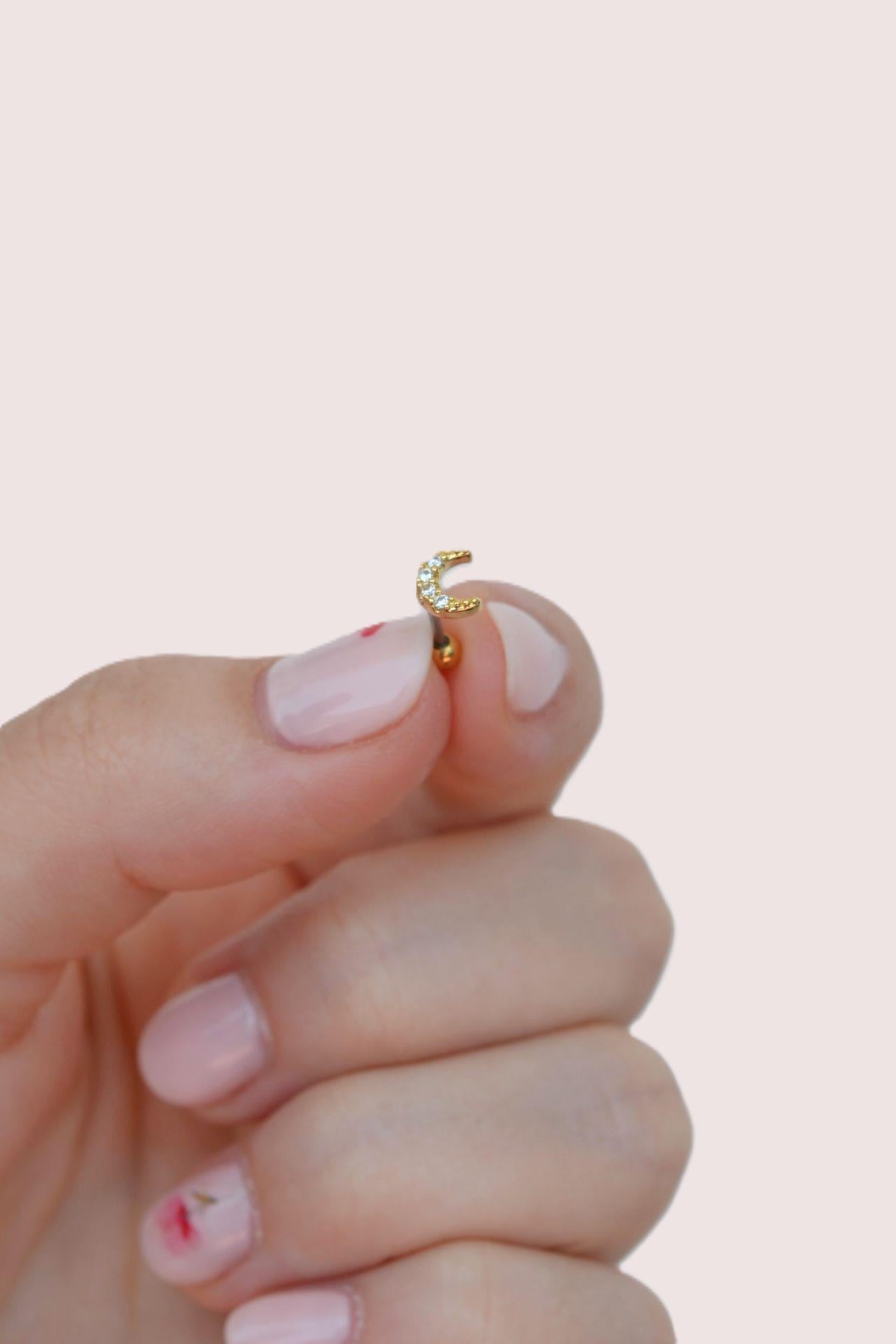 Gold Renkli Taşlı Ay Figürlü Piercing Helix Kıkırdak Conch Lob