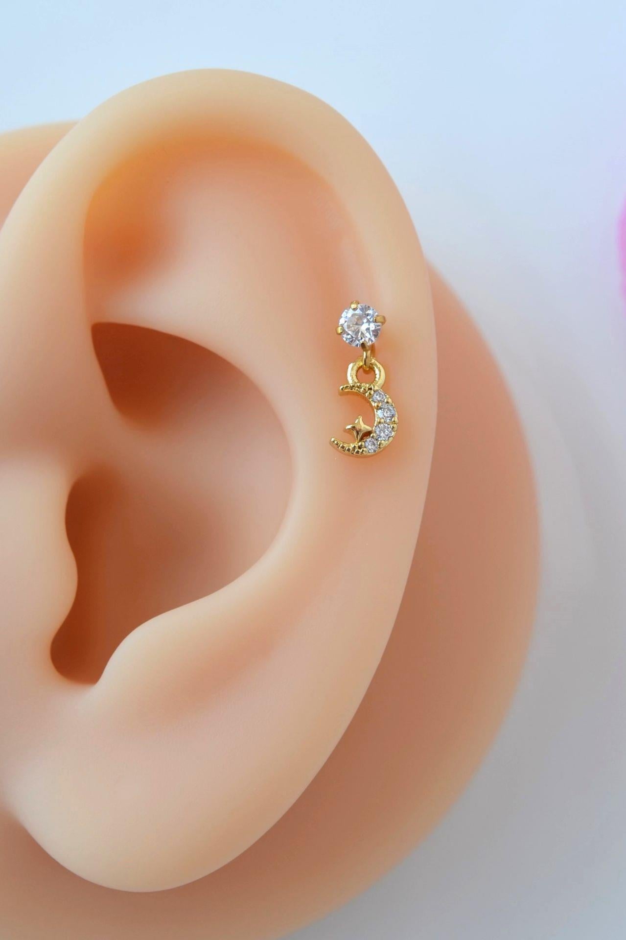 Gold Renkli Taşlı Ay Sallantılı Piercing Helix Kıkırdak Lob
