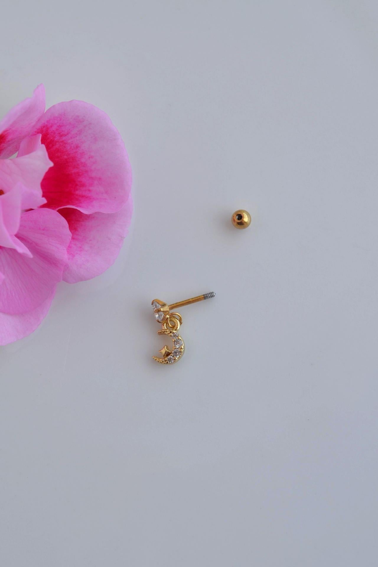 Gold Renkli Taşlı Ay Sallantılı Piercing Helix Kıkırdak Lob
