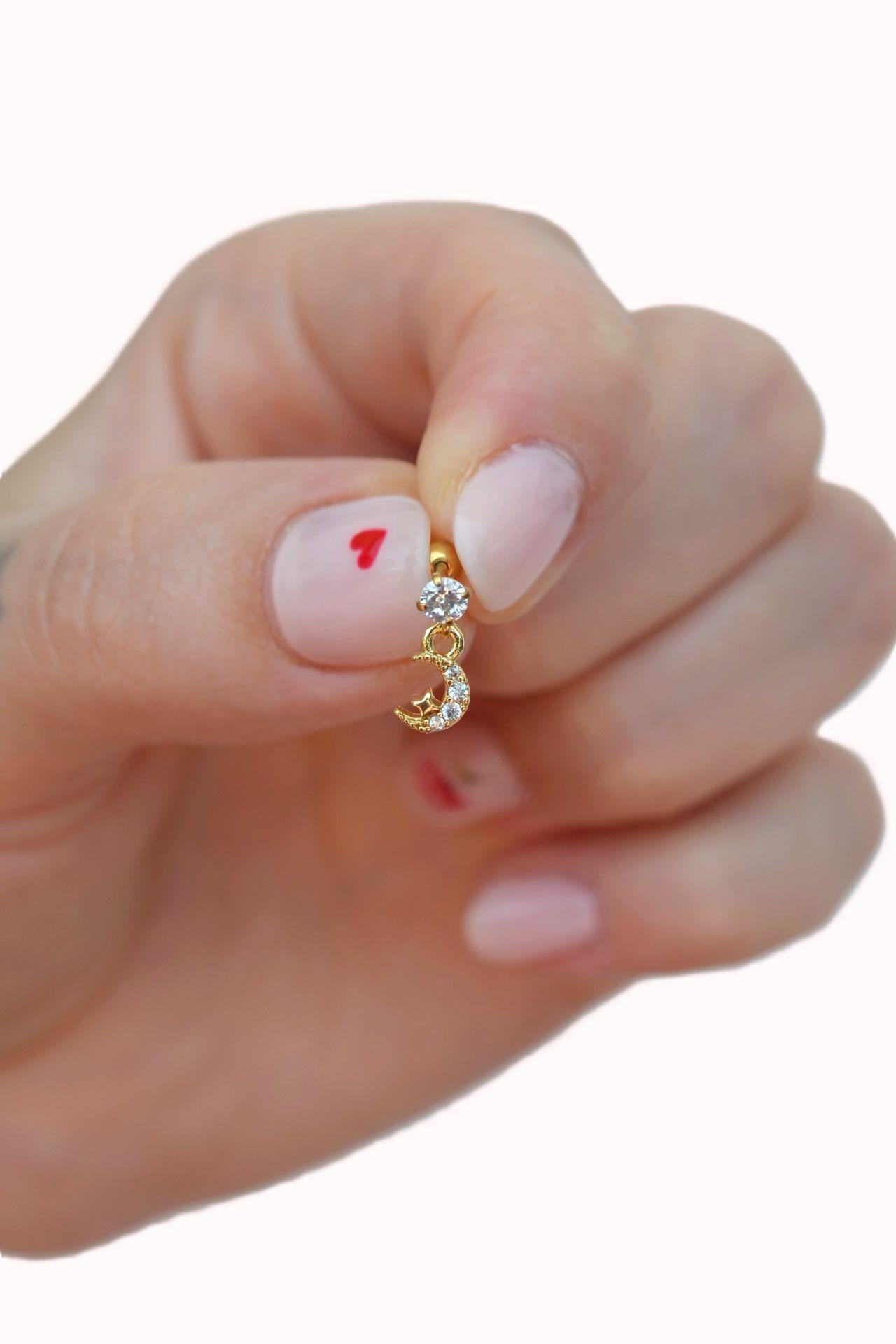 Gold Renkli Taşlı Ay Sallantılı Piercing Helix Kıkırdak Lob