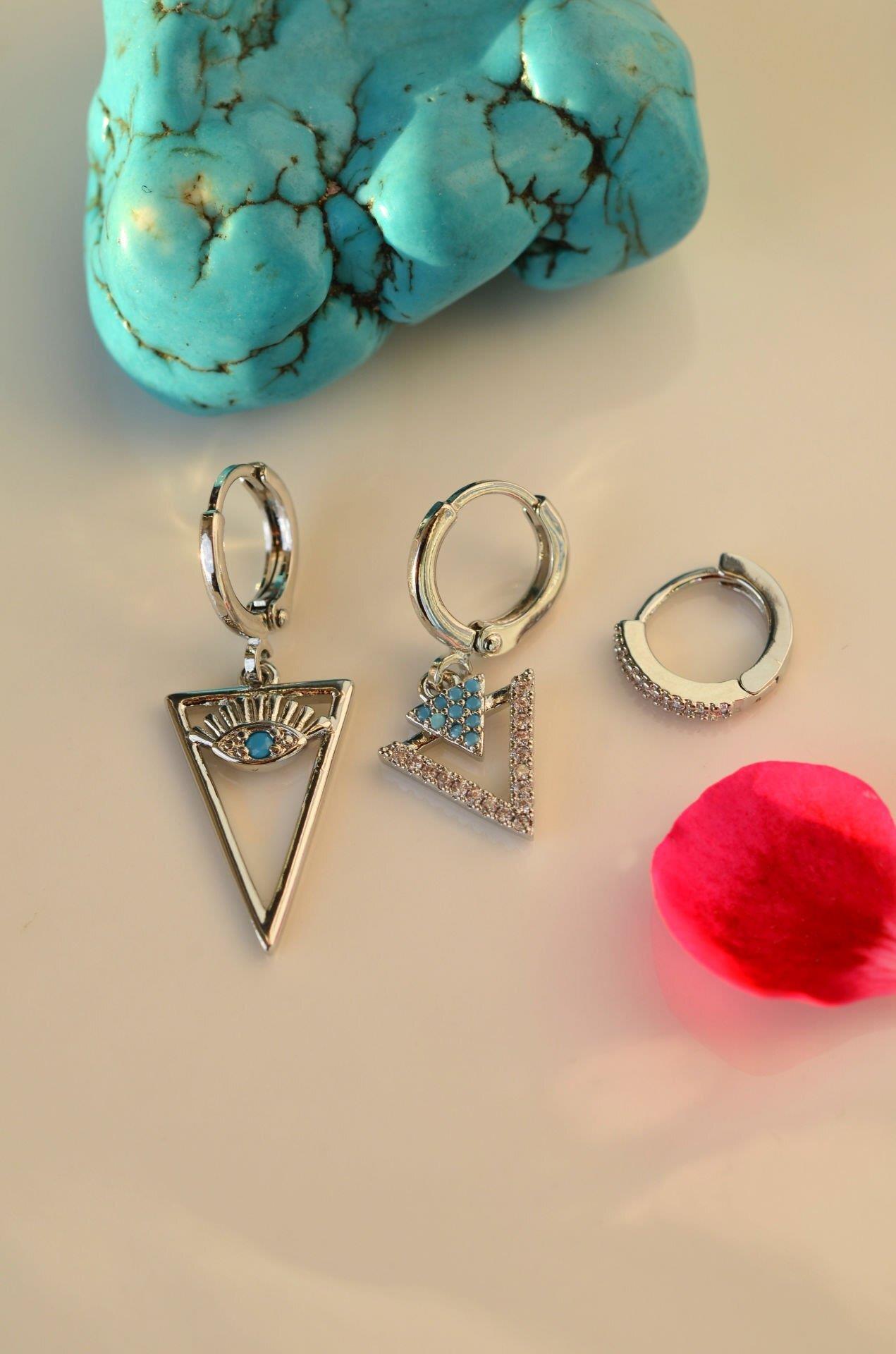 Göz Üçgen Figürlü Mavi Firuze Taşlı 3'lü Küpe Seti Gümüş Renkli