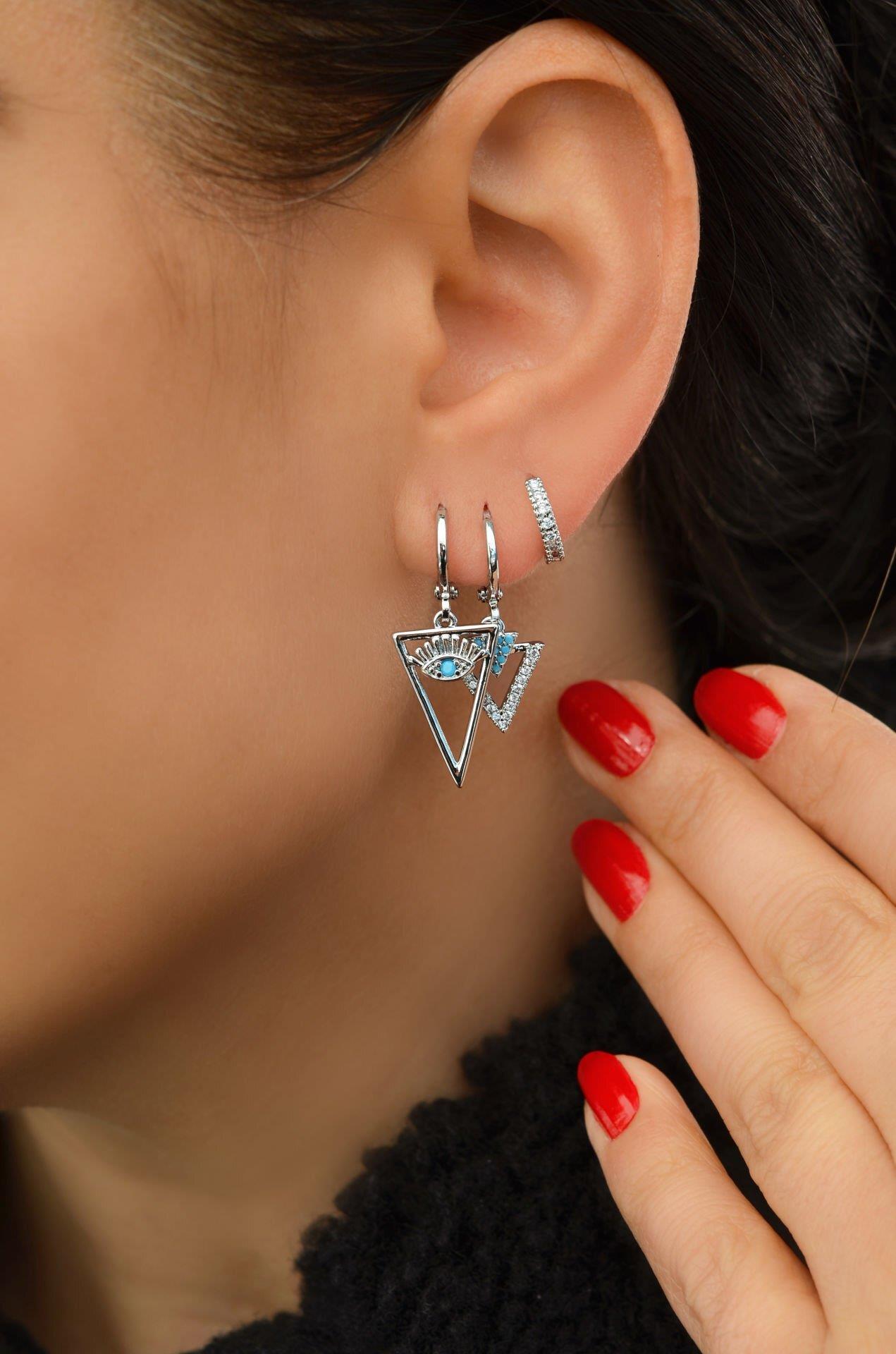 Göz Üçgen Figürlü Mavi Firuze Taşlı 3'lü Küpe Seti Gümüş Renkli