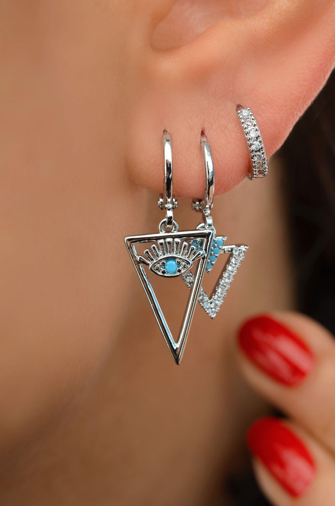 Göz Üçgen Figürlü Mavi Firuze Taşlı 3'lü Küpe Seti Gümüş Renkli