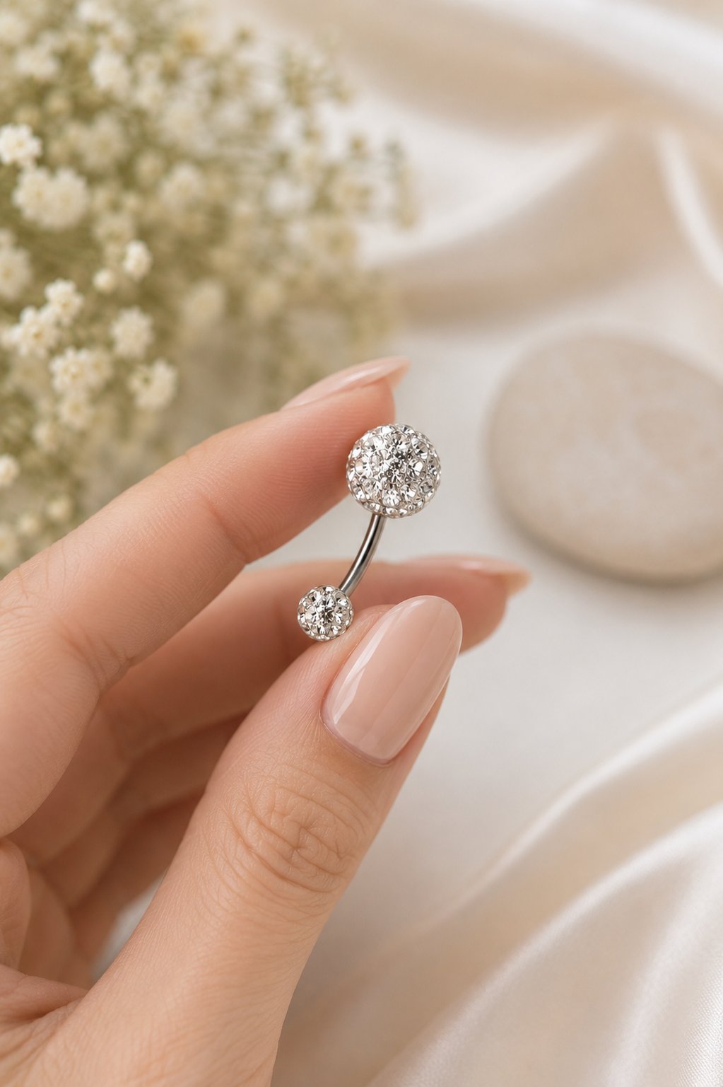 Gümüş Renk Işıltılı Top Çelik Göbek Piercing