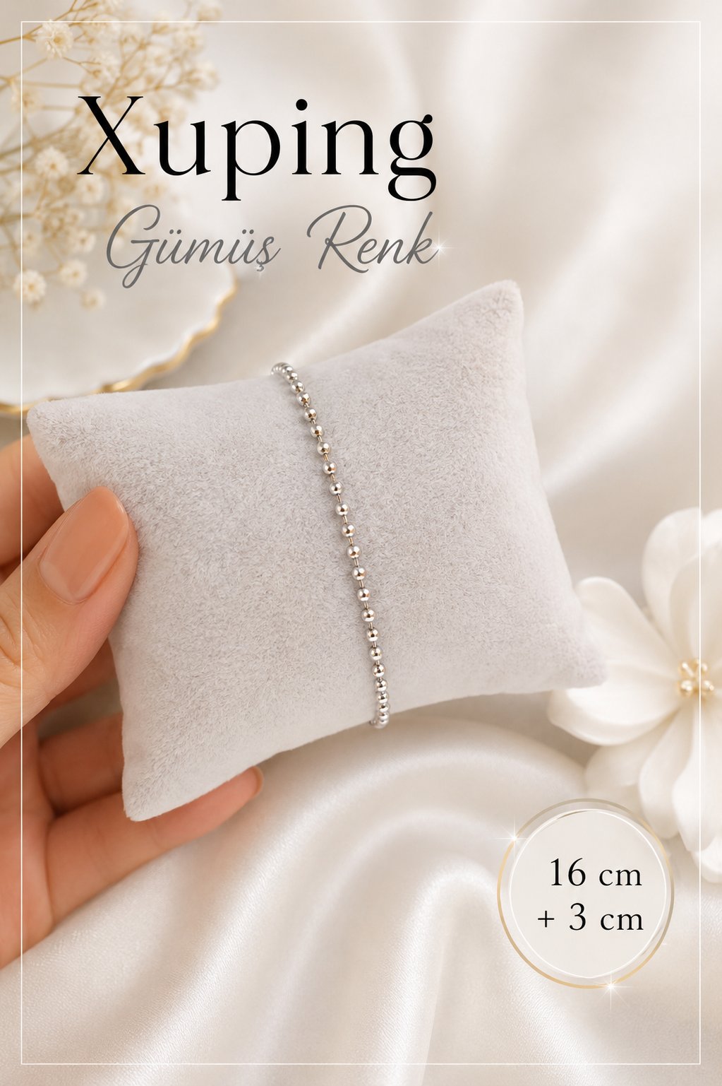 Gümüş Renk Topçuklu Kadın Bileklik 16 cm + 3 cm