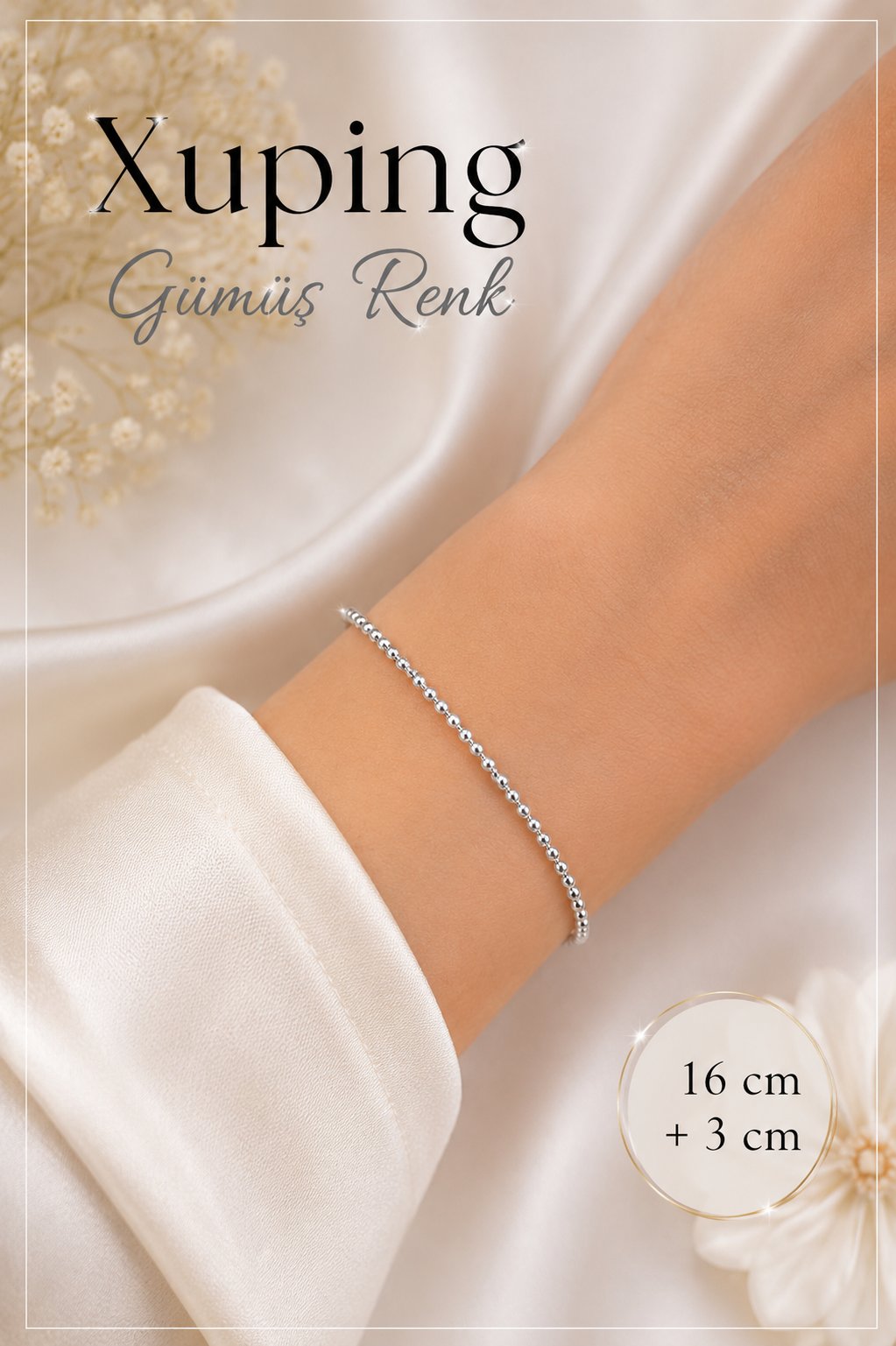 Gümüş Renk Topçuklu Kadın Bileklik 16 cm + 3 cm