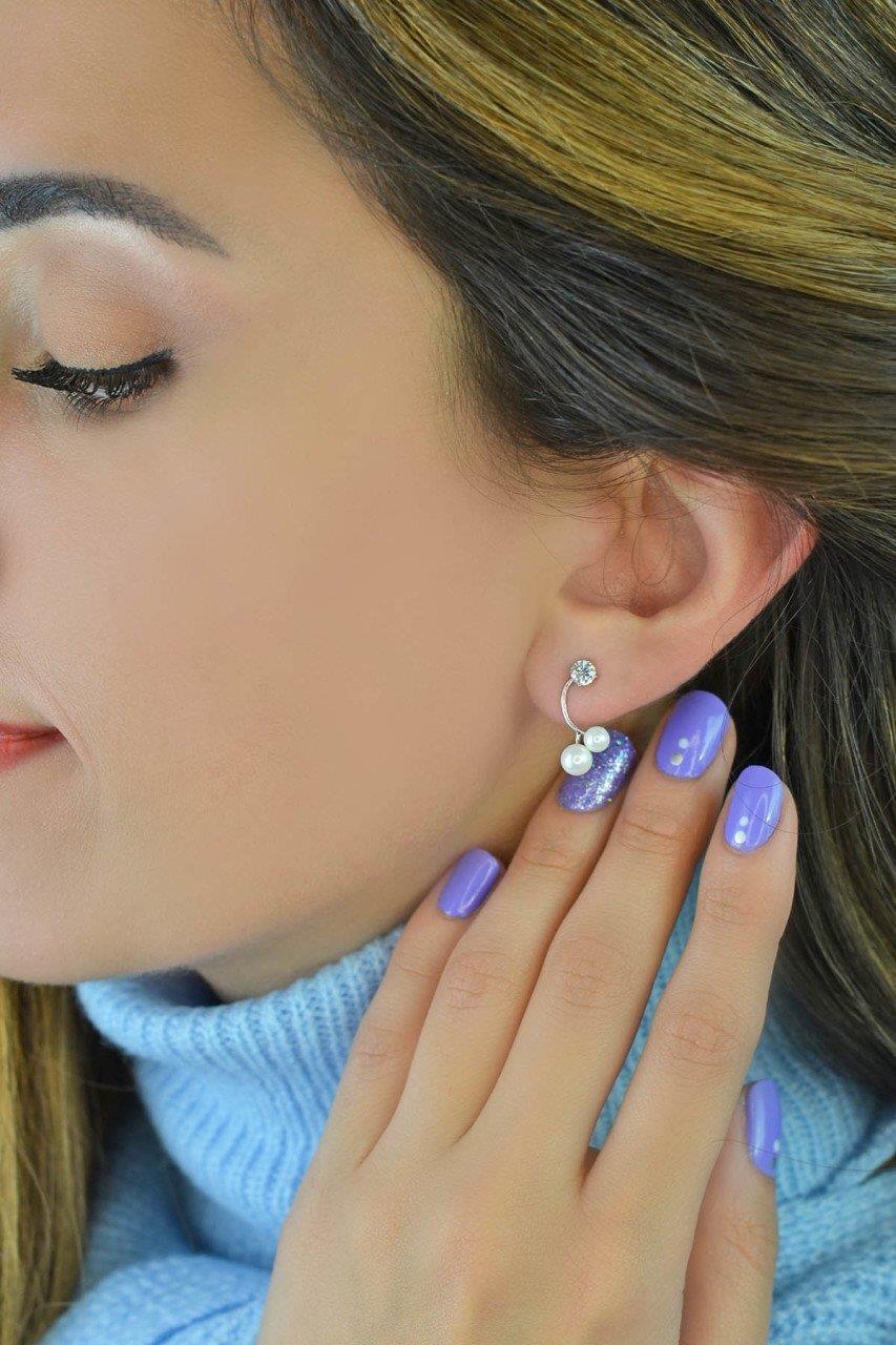 Gümüş Renk Zirkonlu İnci Küpe