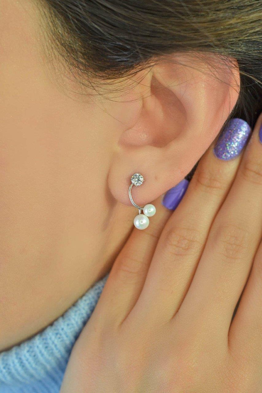 Gümüş Renk Zirkonlu İnci Küpe