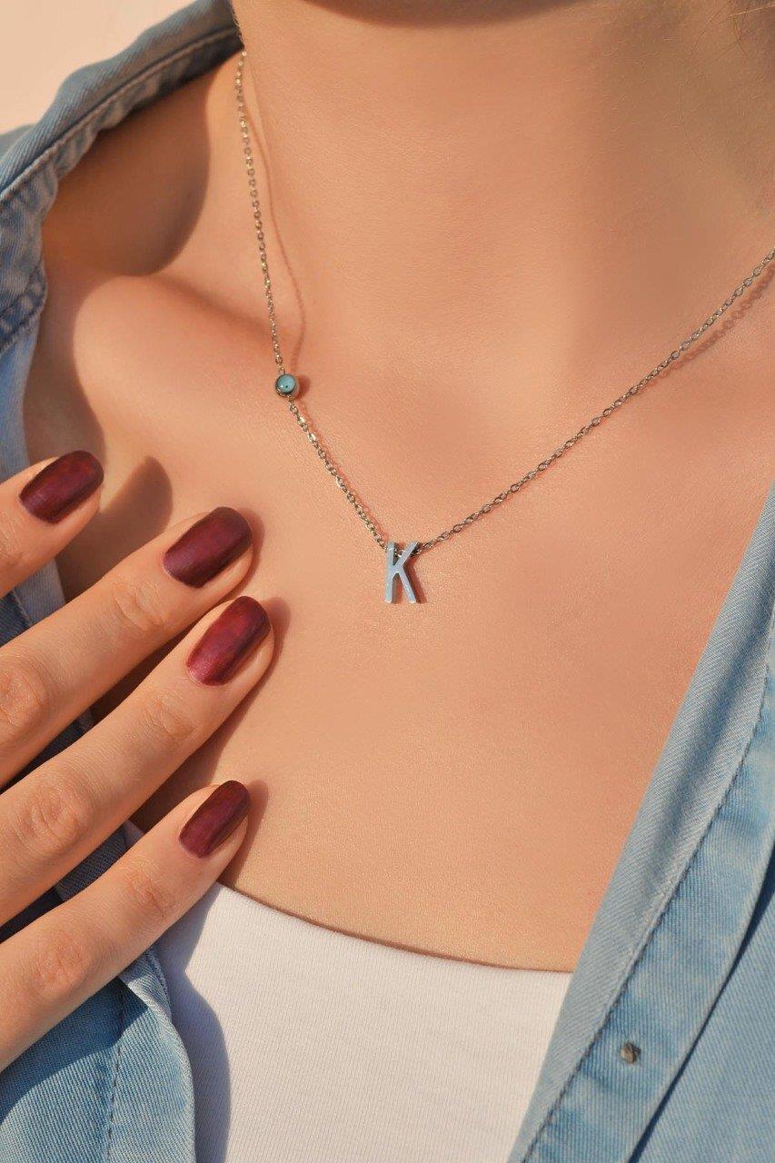 Gümüş Renkli Çelik Harf Kolye K