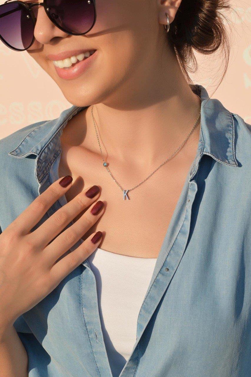 Gümüş Renkli Çelik Harf Kolye K