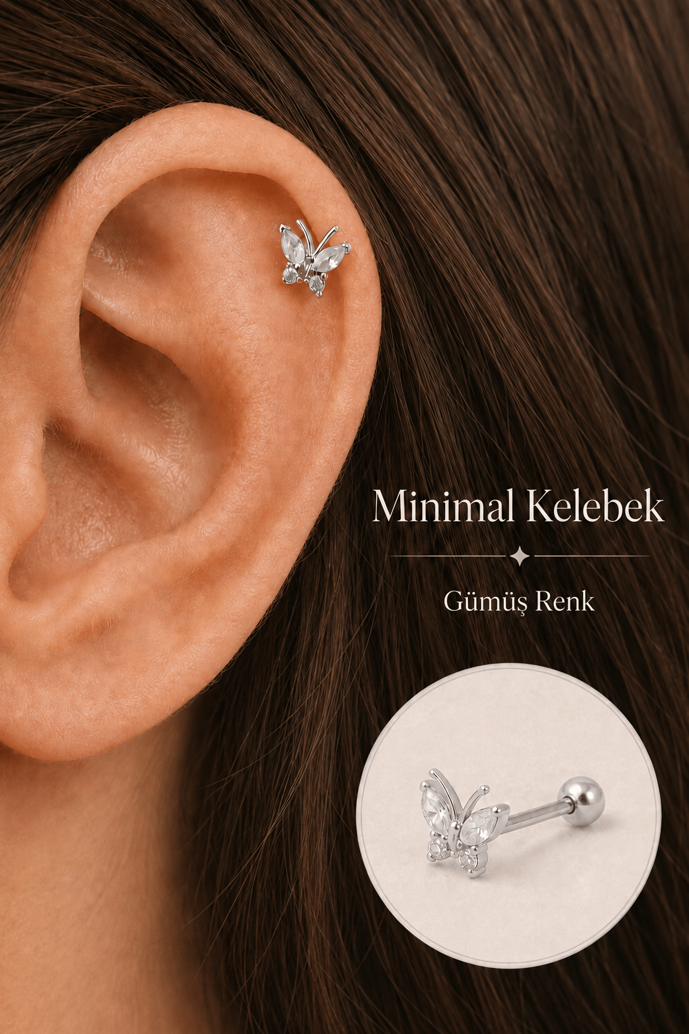 Gümüş Renkli Kelebek Figürlü Piercing Helix Kıkırdak Conch Lob