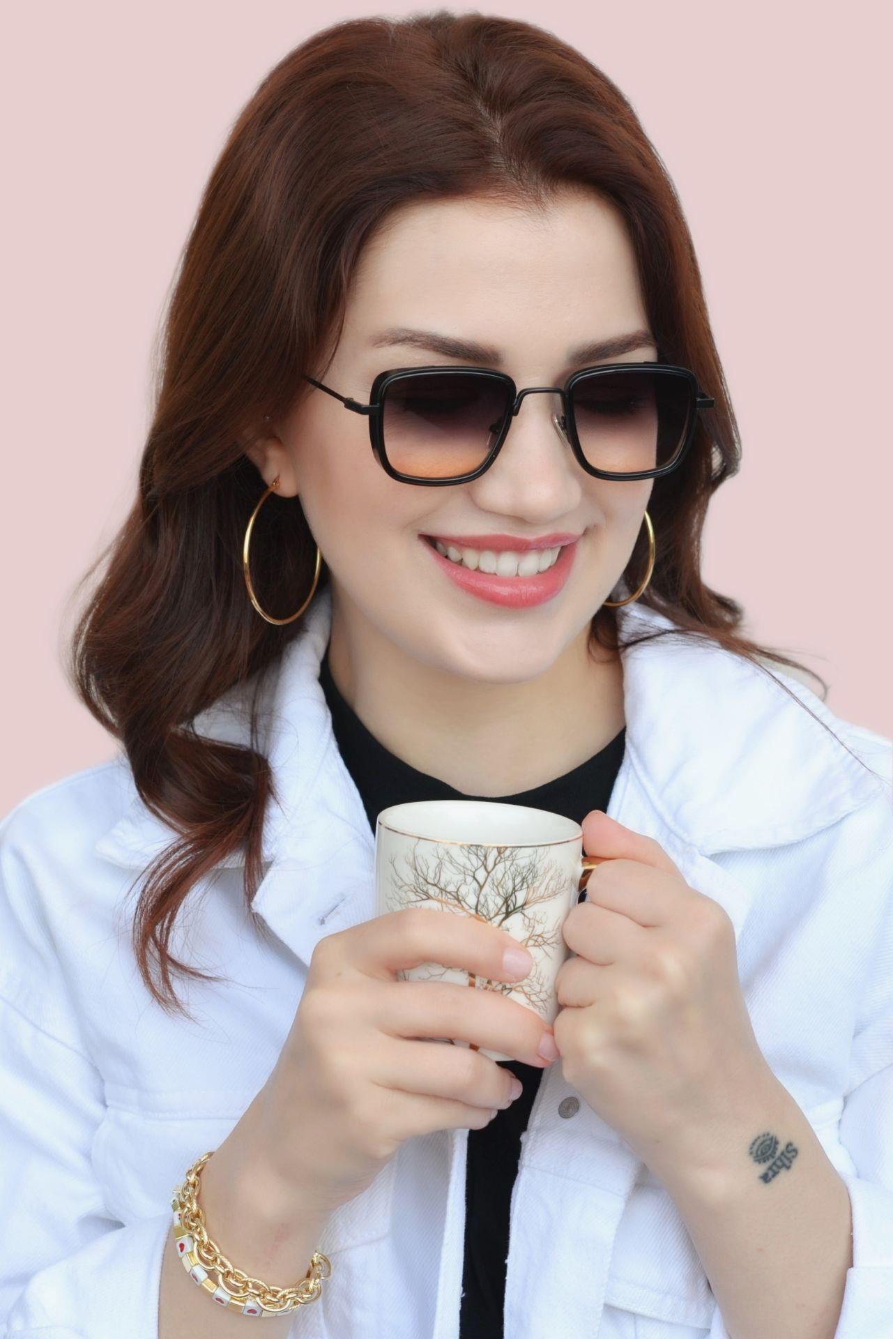 Güneş Gözlüğü Oval Kare Tasarımlı Metal Siyah Çerçeve Turuncu Siyah Cam