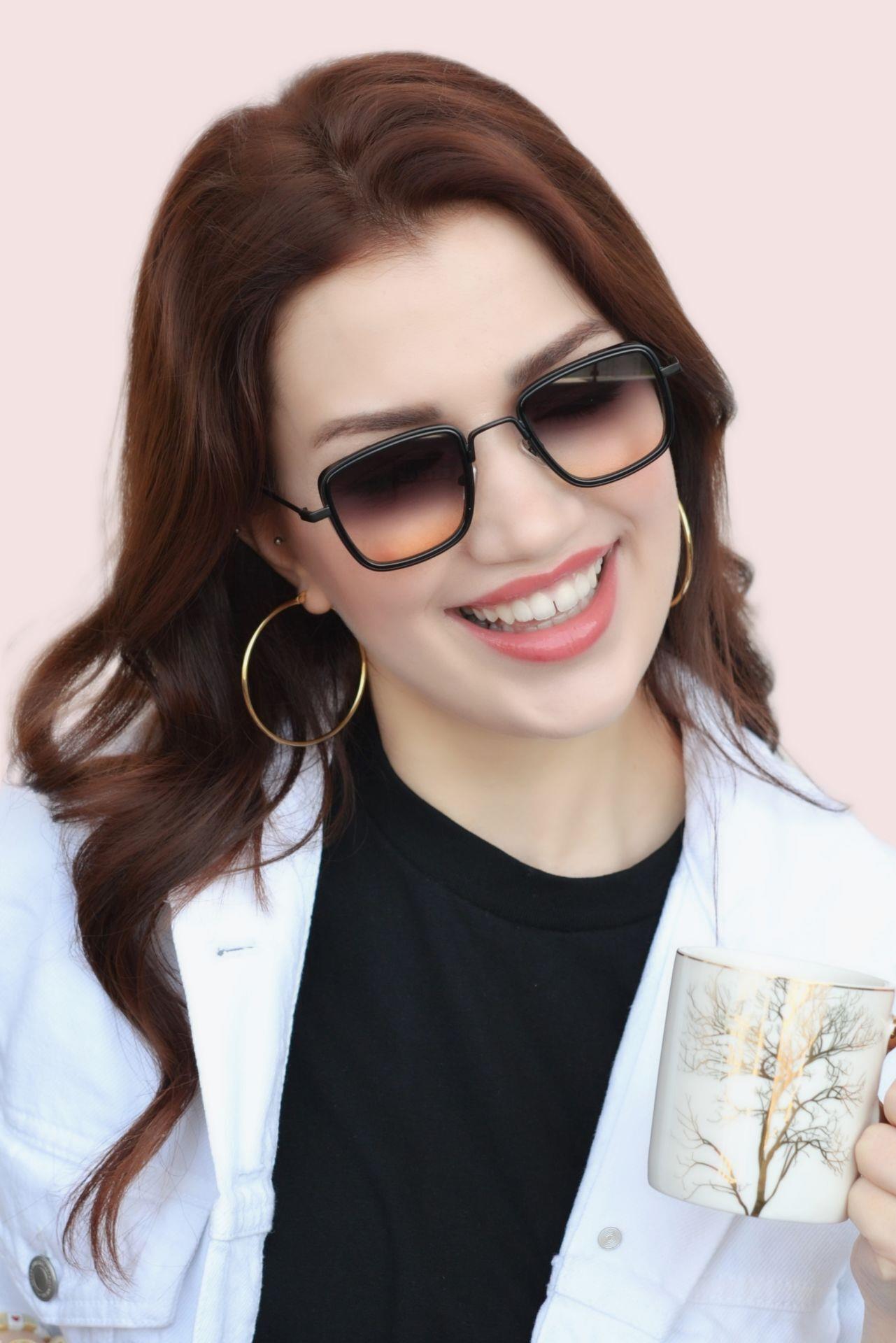 Güneş Gözlüğü Oval Kare Tasarımlı Metal Siyah Çerçeve Turuncu Siyah Cam