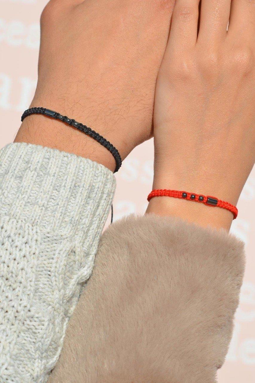 Harf Yazılı Çift Sevgili Mors Bileklik Kırmızı Siyah
