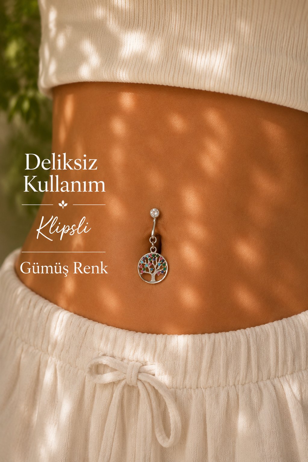 Hayat Ağacı Deliksiz Klipsli Göbek Piercingi Renkli Zirkon Taşlı