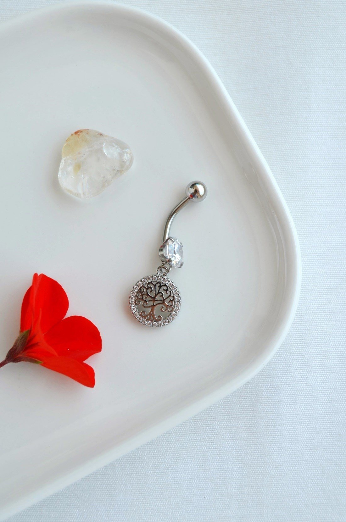 Hayat Ağacı Sallantılı Zirkon Taşlı Çelik Göbek Piercing
