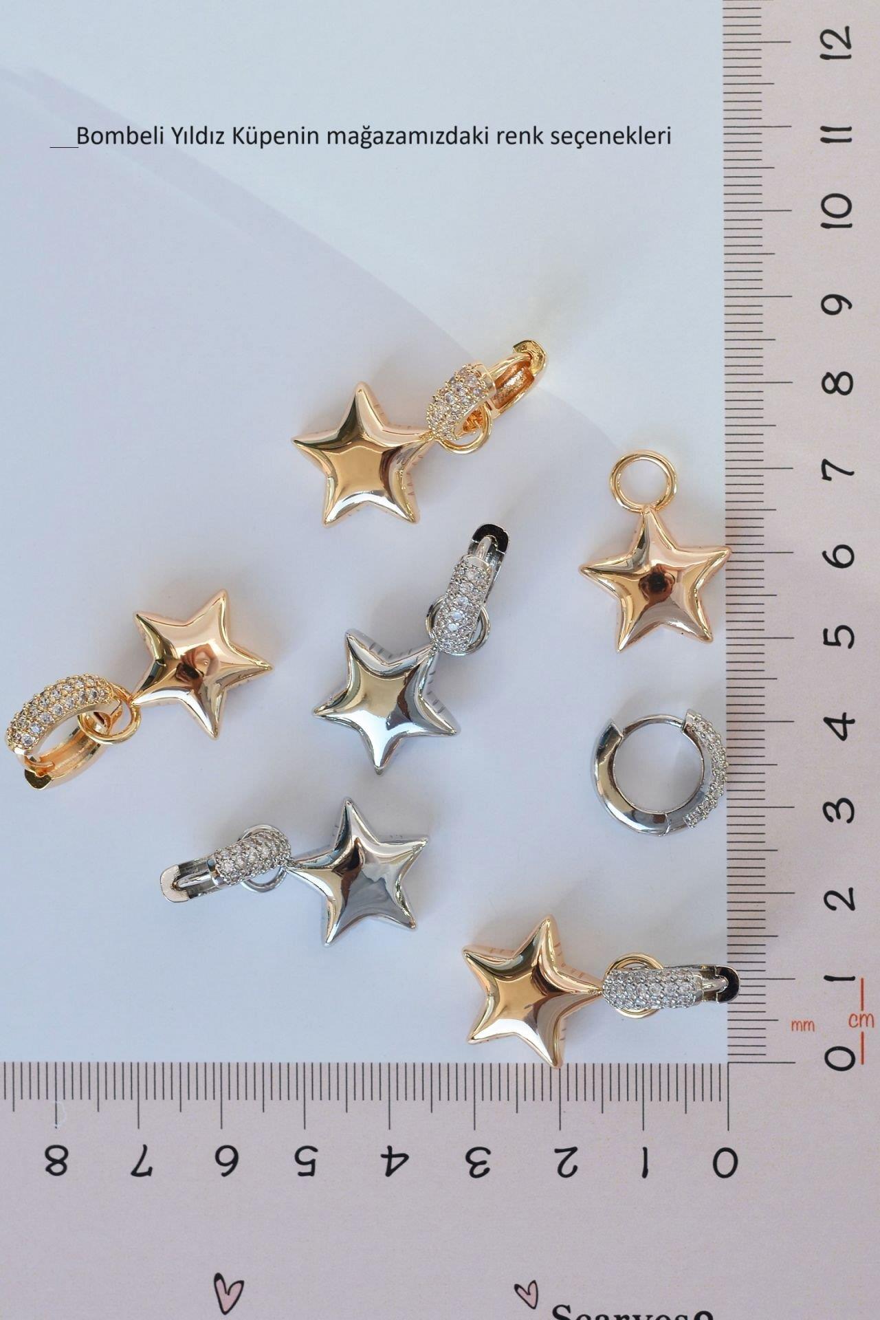 İki Renkli Bombeli Yıldız Charmlı Zirkon Küpe Yıldızlı Küpe