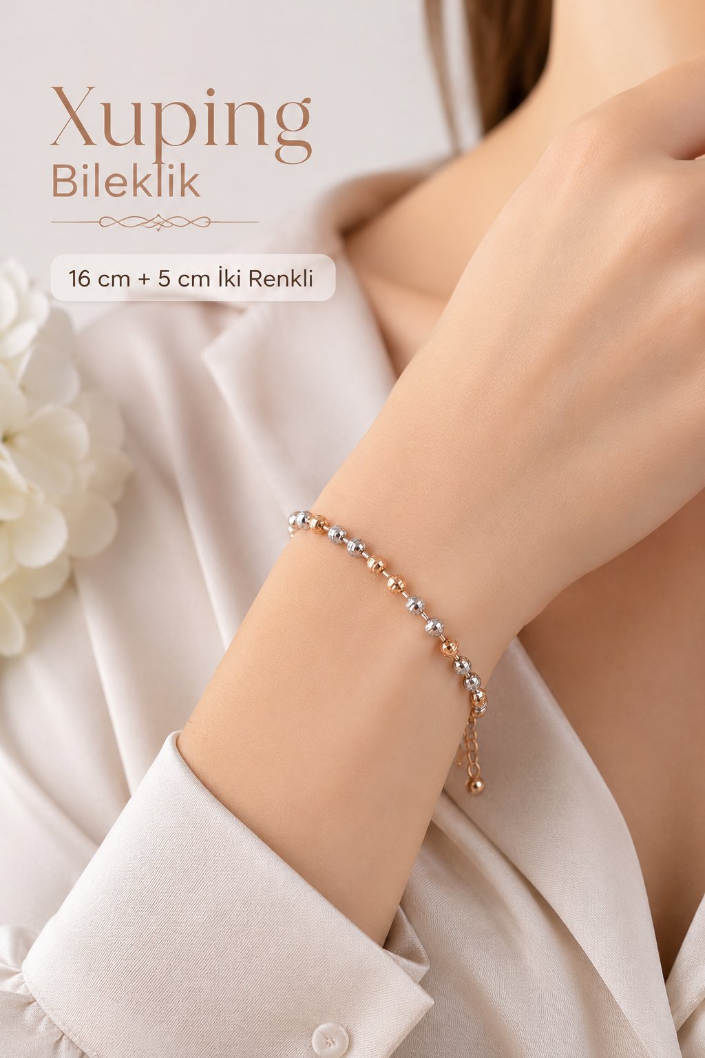 İki Renkli Dorika Topçuklu Kadın Bileklik 16 cm + 5 cm