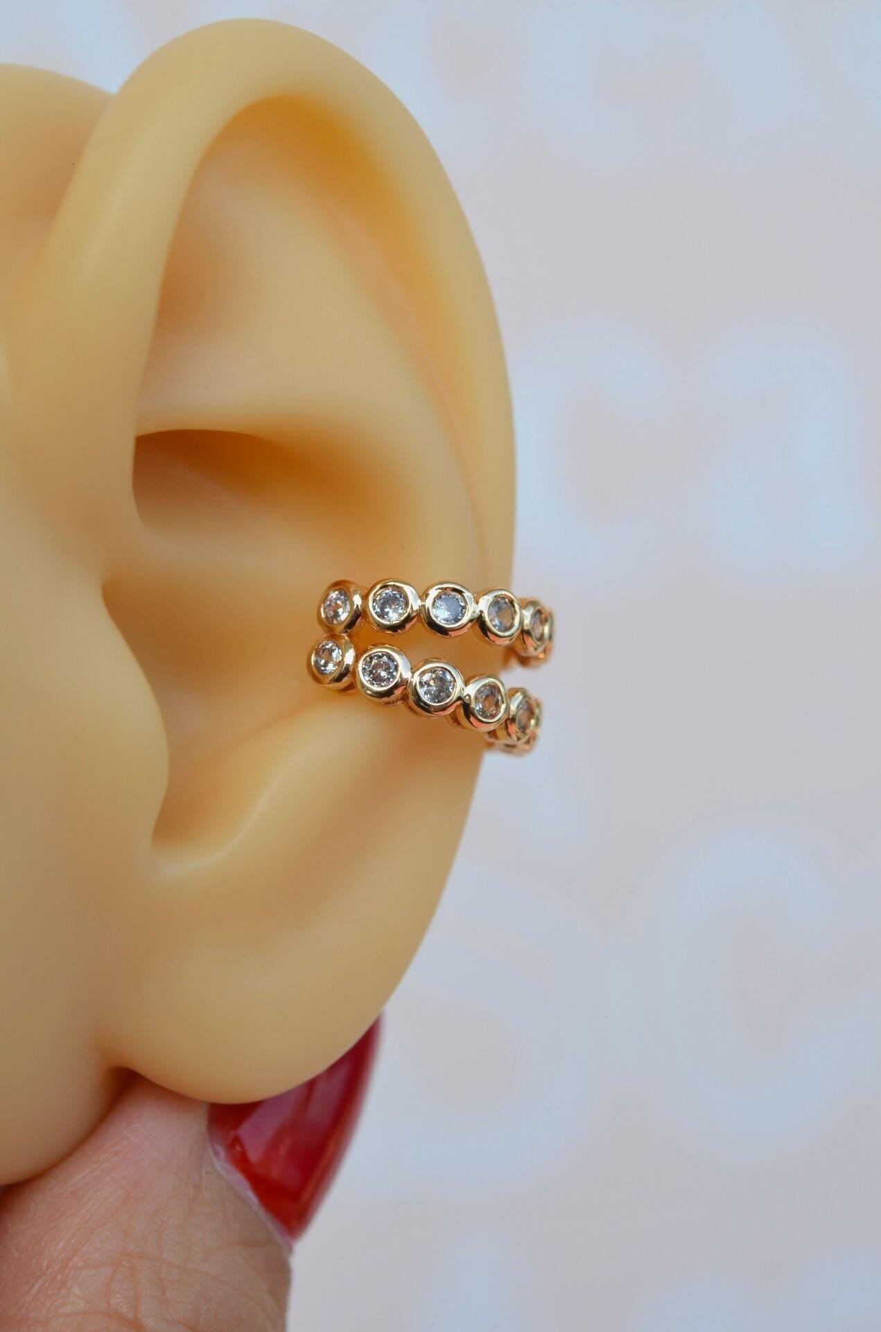 İki Sıralı Taşlı Earcuff Sıkıştırmalı Kıkırdak Küpesi