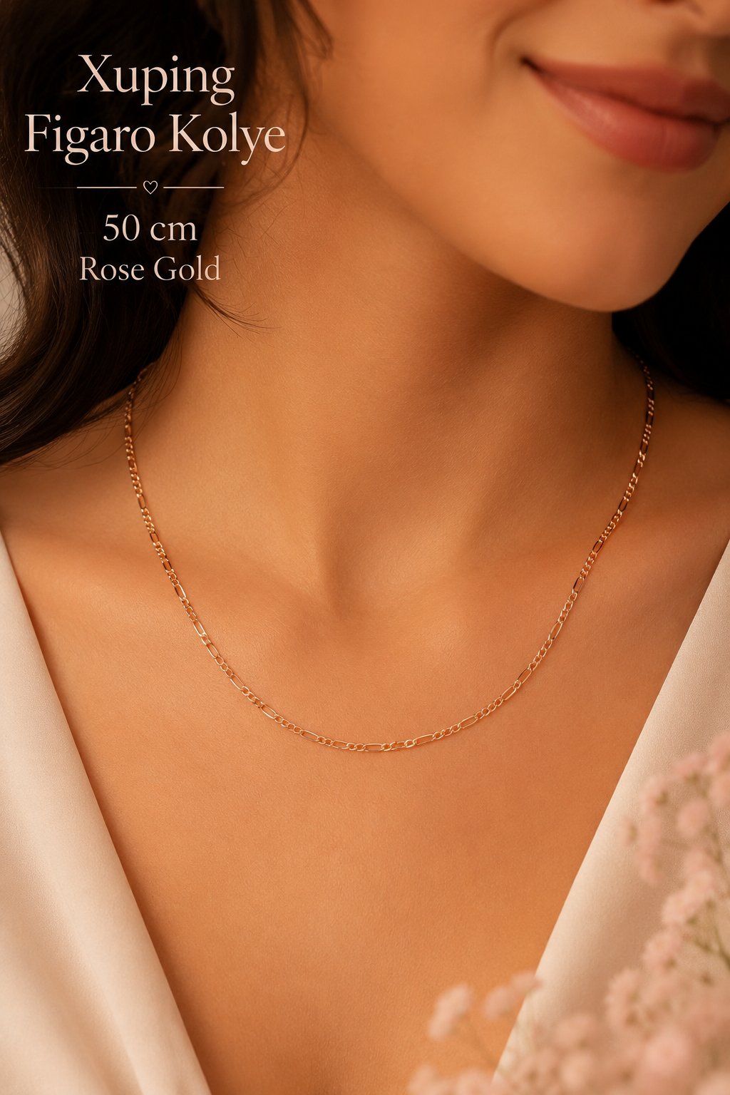 İnce Figaro Zincir Kolye 50 cm Rose Gold