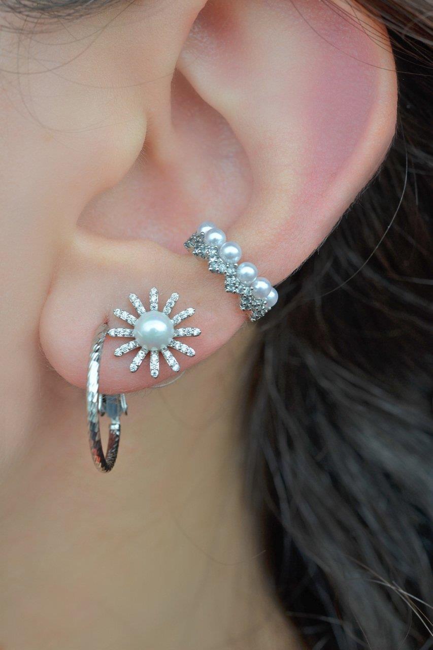 İncili Taç Model Sıkıştırma Kıkırdak Küpe Earcuff
