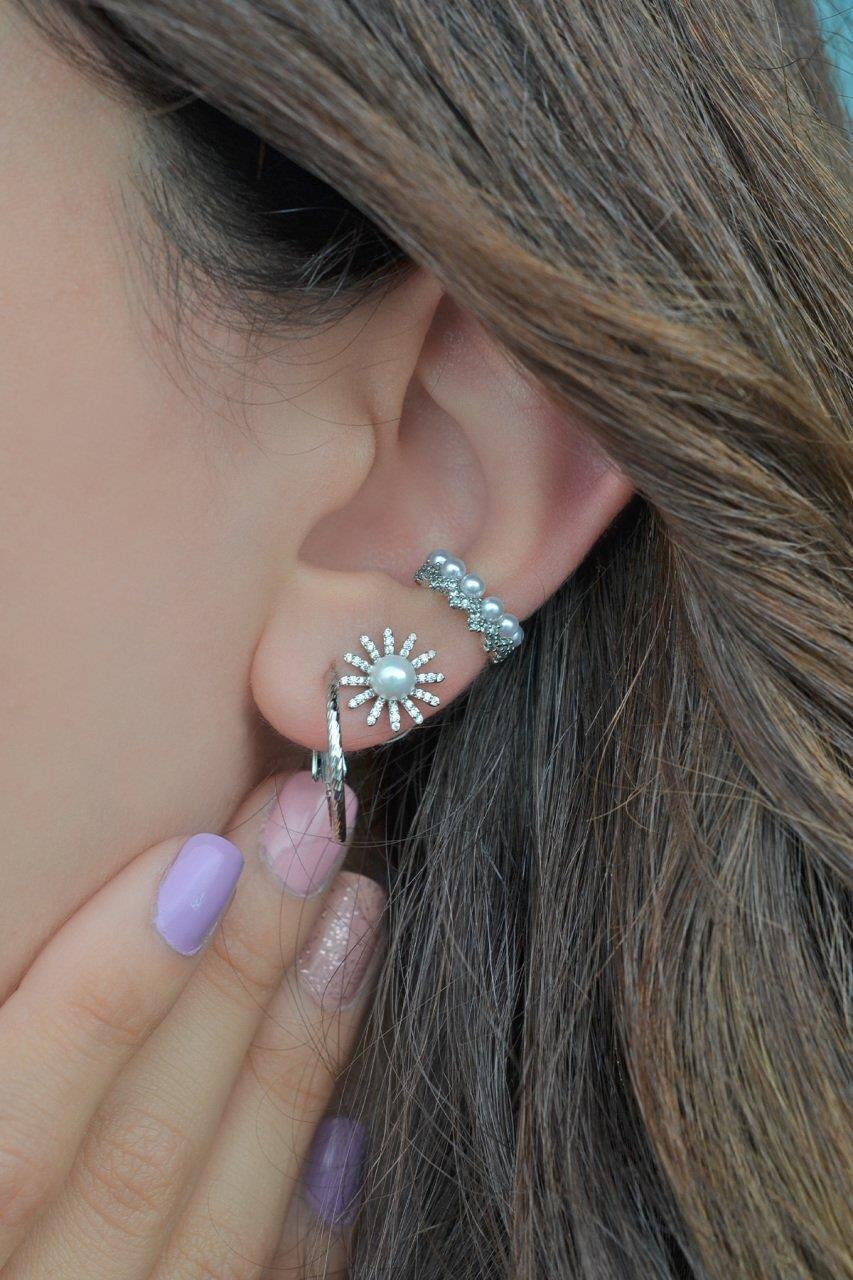 İncili Taç Model Sıkıştırma Kıkırdak Küpe Earcuff